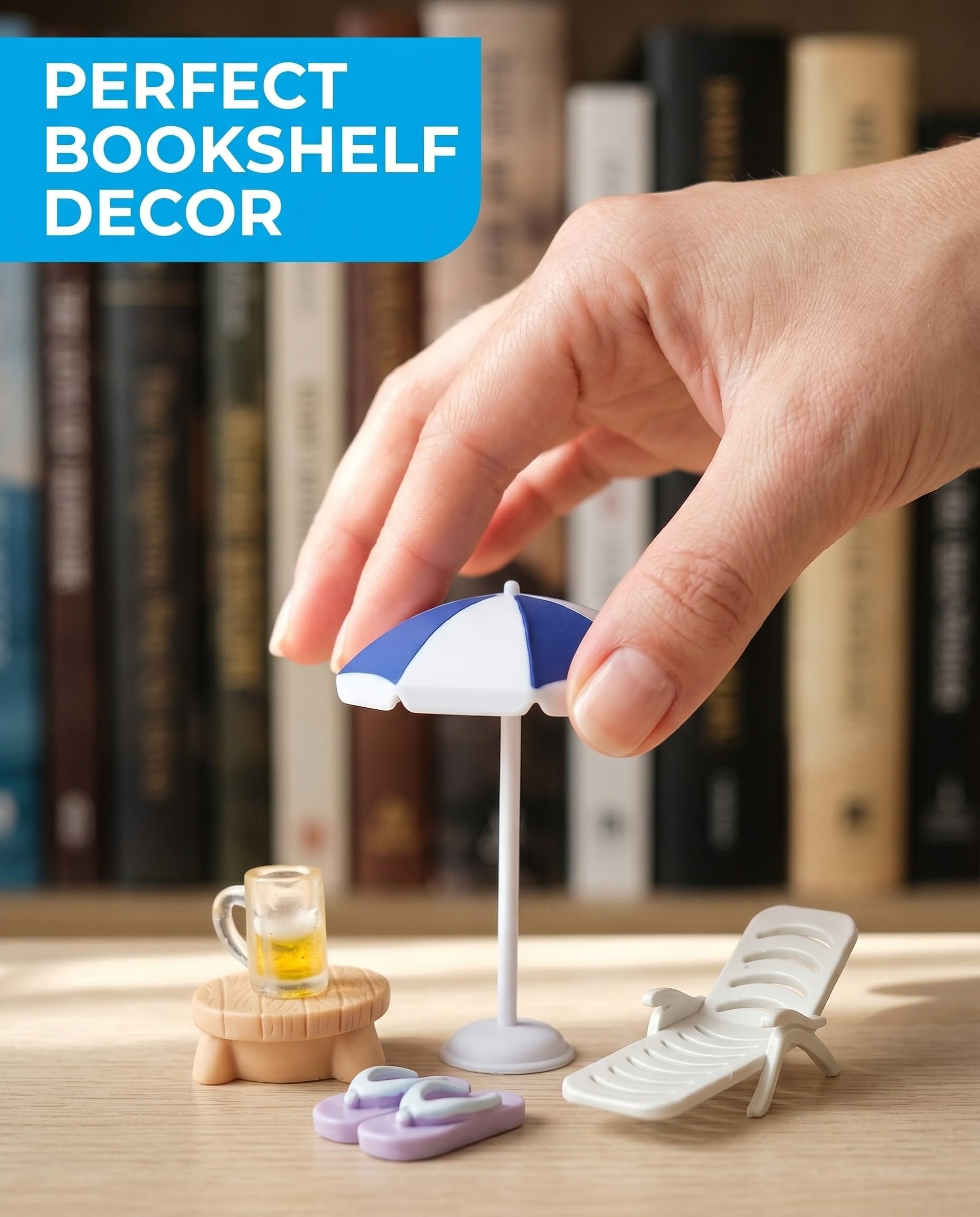 Miniatur Strand Deko Set 5-teilig inkl. Liegestühle, Sonnenschirm – Perfekt für Puppenhaus, Feengarten & Micro Landschaft. Schafft lebensechte Urlaubsatmosphäre.