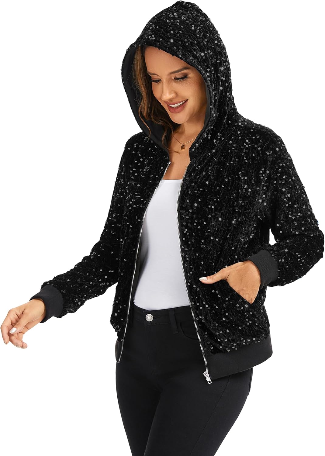 Anna-Kaci Women's Sparkly Hooded Sequin Jacket Zip Up Glitter Bomber Jacket Party Concert with Pockets - Image 3