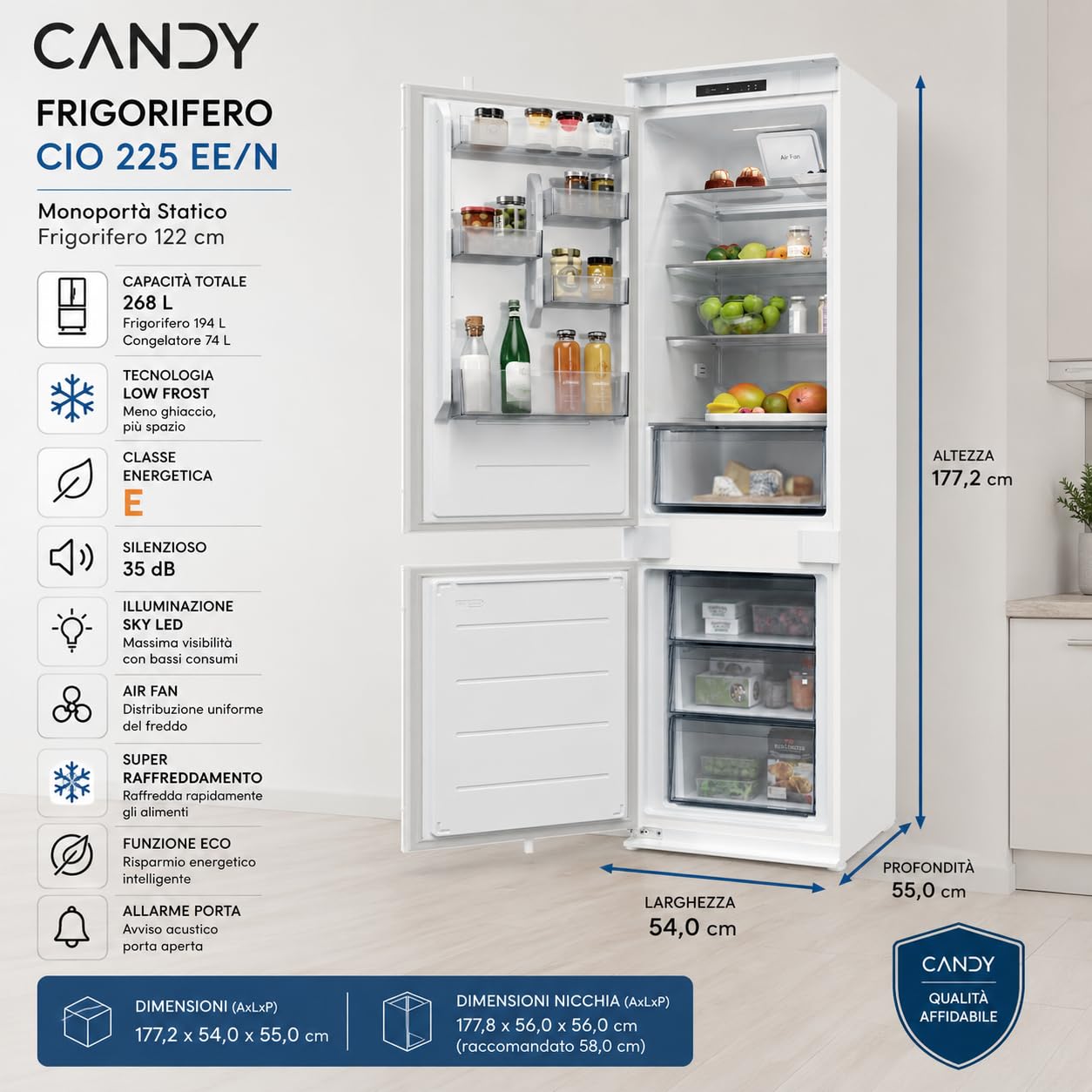 CANDY Frigorifero Combinato da Incasso 268 Litri, Low Frost, Classe E | Super Raffreddamento, Air Fan, Display LED, Illuminazione LED, 35 dB, 177x54x55 cm, CNBQL3518EV/L