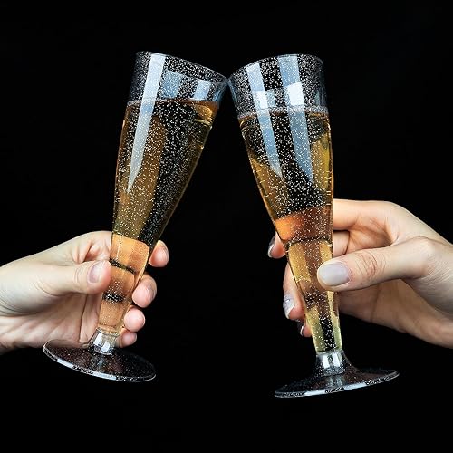 Miniatura 6 de Paquete de 100 copas de champán de plástico, copas desechables de plástico con purpurina plateada de 4.5 onzas, copas de champán desechables para