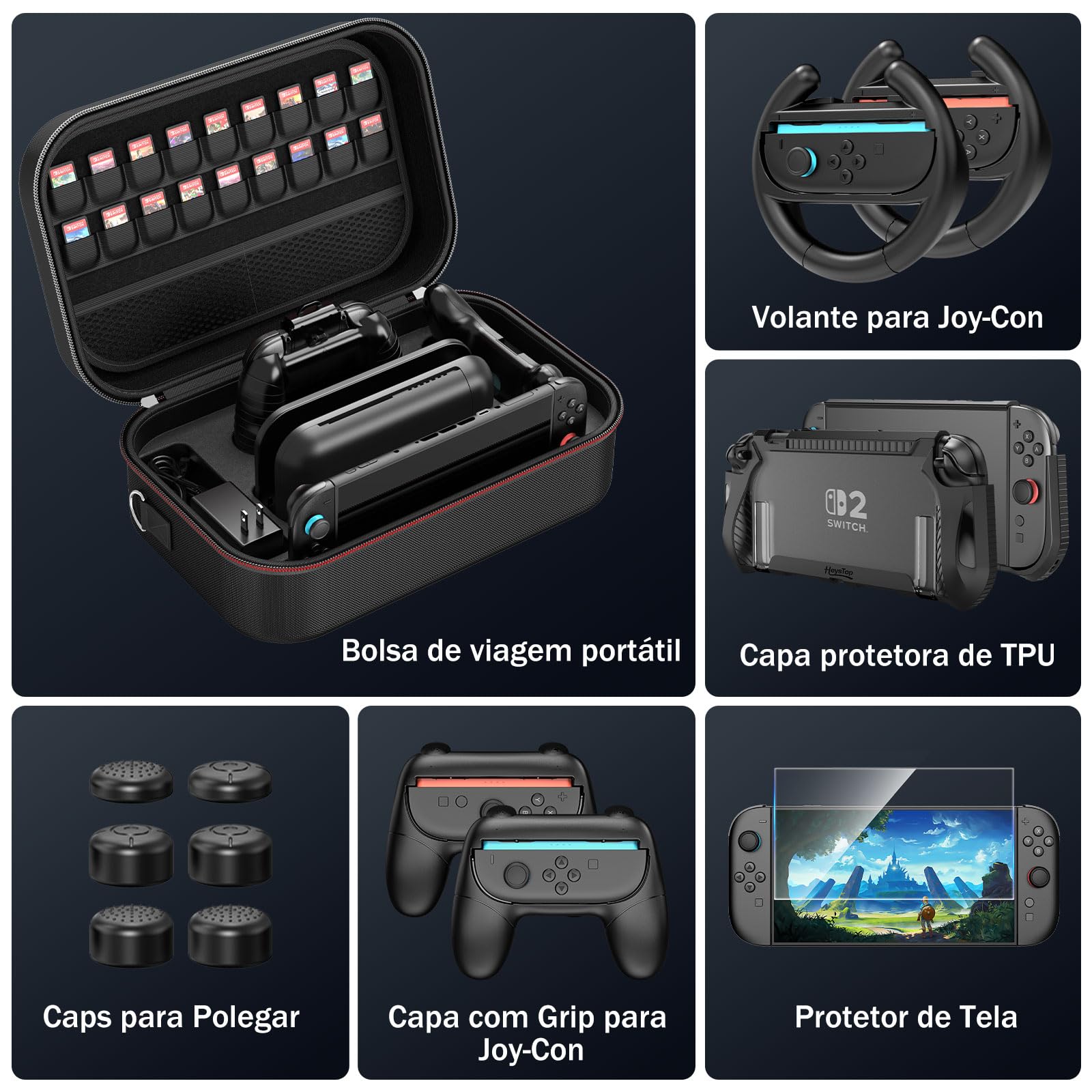 HEYSTOP Étui pour Nintendo Switch 2 Kit d'accessoires avec Housse de Protection Switch 2, Dockable Coque pour Switch 2 Film Trempé Volant de Course et Grip Joy-Con pour Manette Nintendo Switch 2