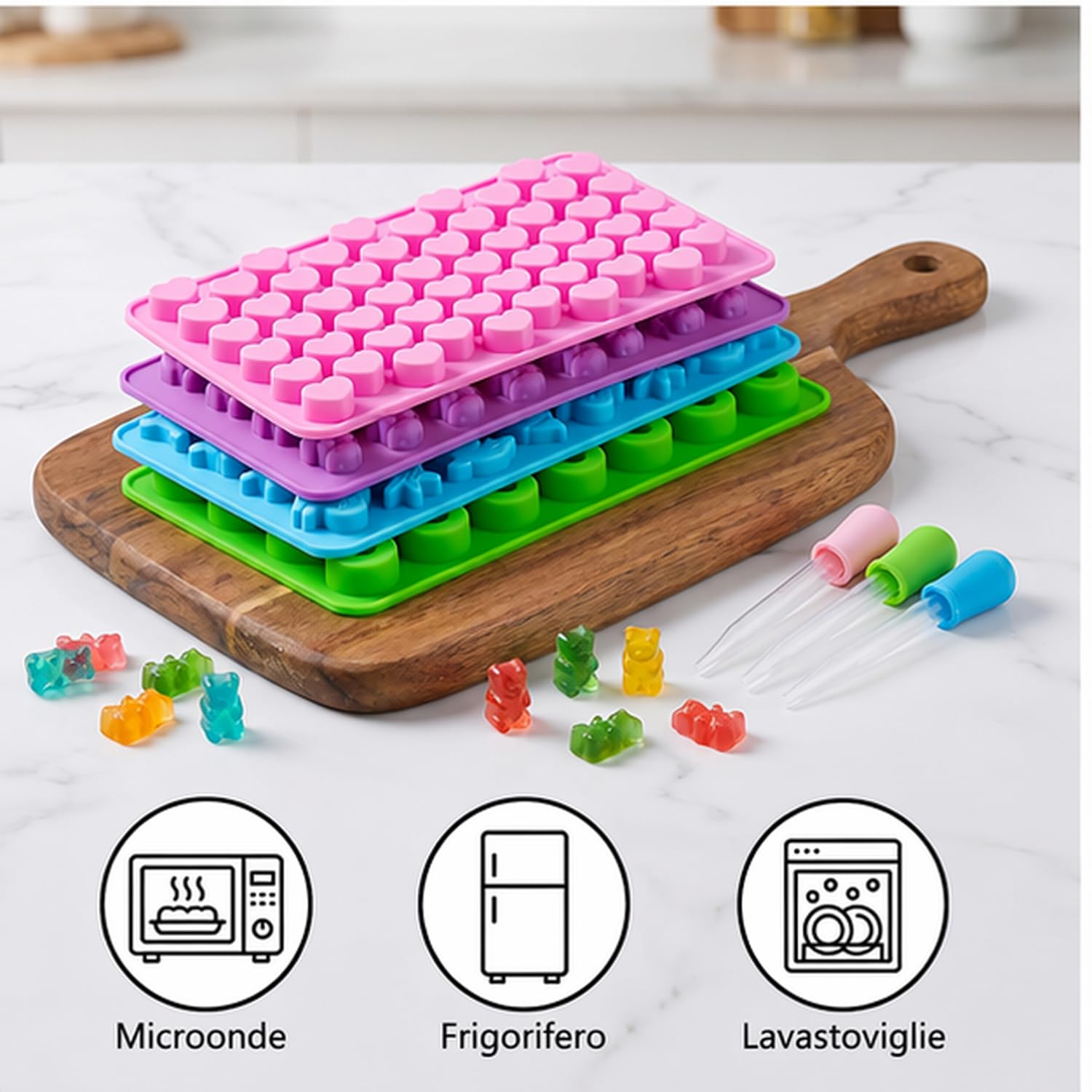 6 Pezzi Stampi in Silicone per Caramelle, Stampi per Orsetti Gommosi con 4 Pipette + 50 Sacchetti di Caramelle per Fare Gommose Cioccolatini Caramelle Piccoli Cubetti di Ghiaccio