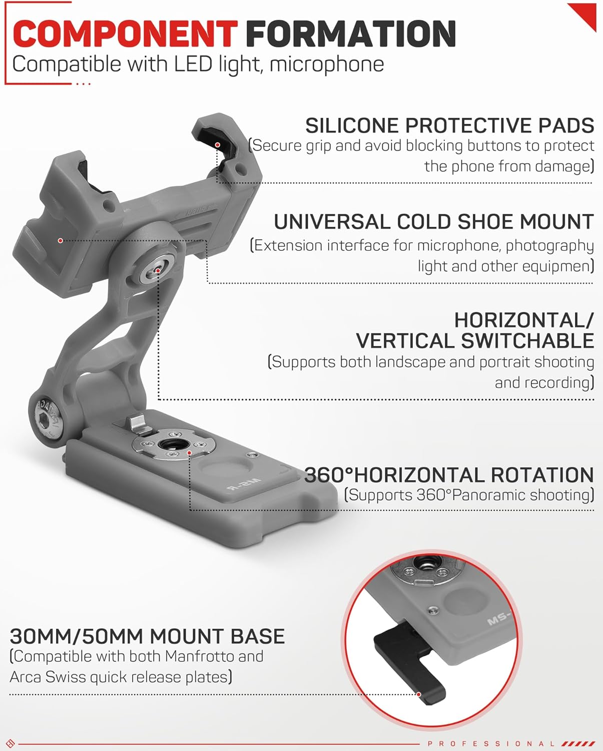 IFOOTAGE Universal Phone Tripod Mount Adapter with Cold Shoe, 360° Rotation Cell Phone Holder for Tripod, Selfie Stick, Desk Phone Stand with Adjustable Clamp, Gray