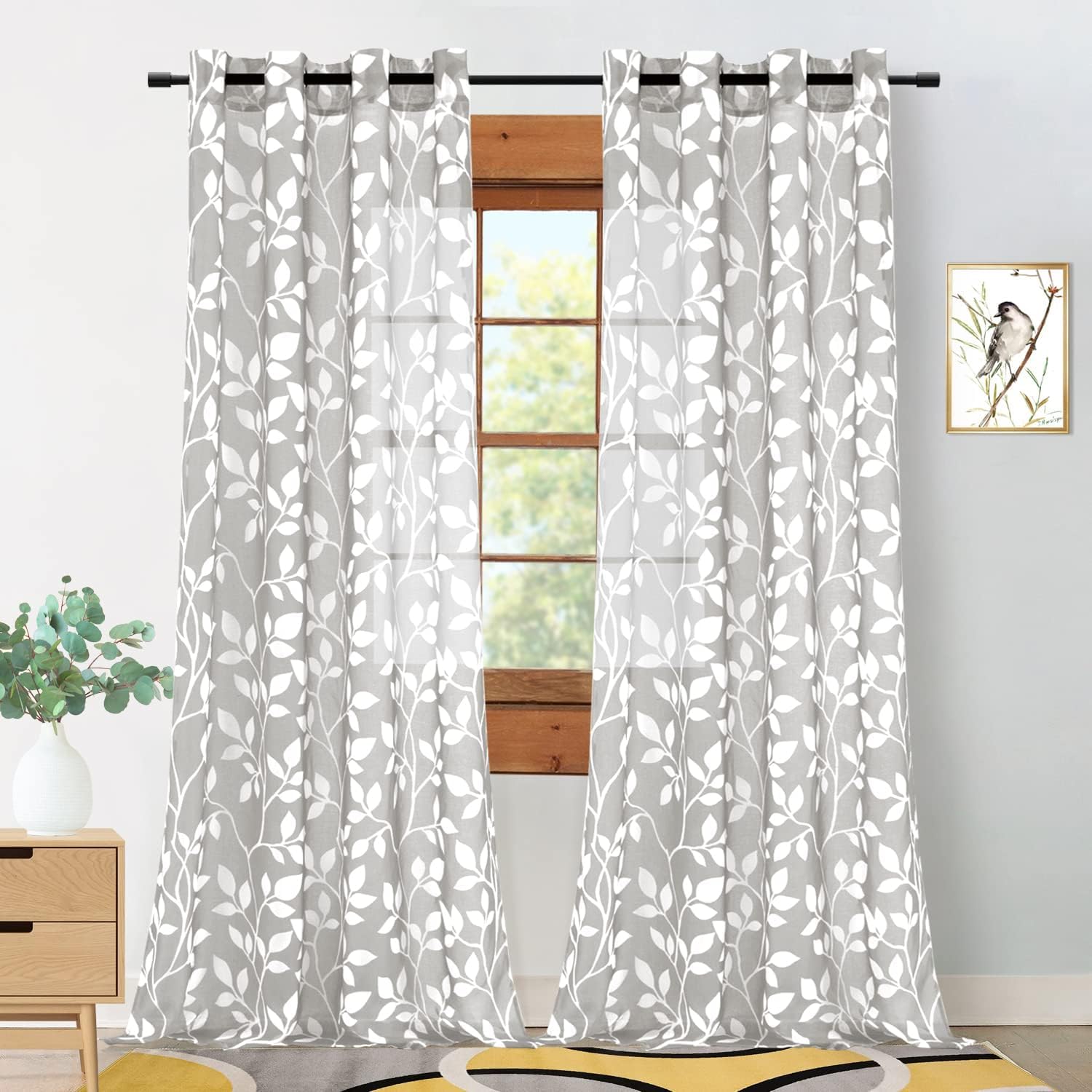 MRTREES Cortinas Grises Estampadas con Hojas de Salon Modernas 2 Piezas 140x240 cm Cortinas y Visillos Transparentes para Dormitorio Habitacion Lindas Cortinas de Casa con Ojales Global Recycled Standard Global Recycled Standard Global Recycled Standard
