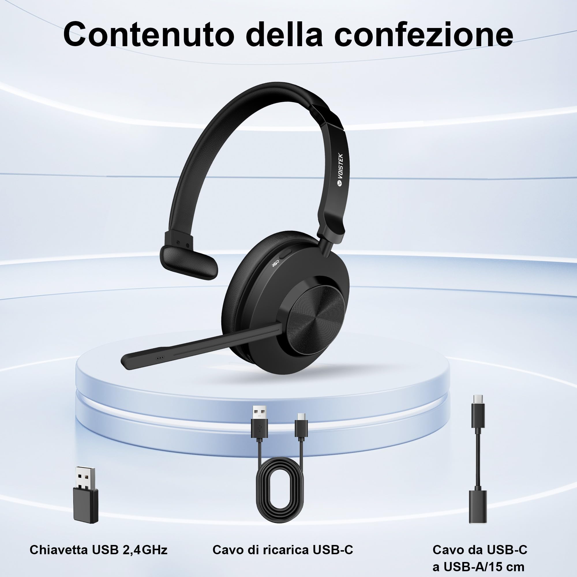 Voistek Cuffie Bluetooth Wireless con Microfono e Cancellazione del Rumore, Dongle USB per PC, Pulsante Muto, Ideali per Ufficio, Meeting, Zoom, Call Center, Homeoffice, Computer(Nero senza base)