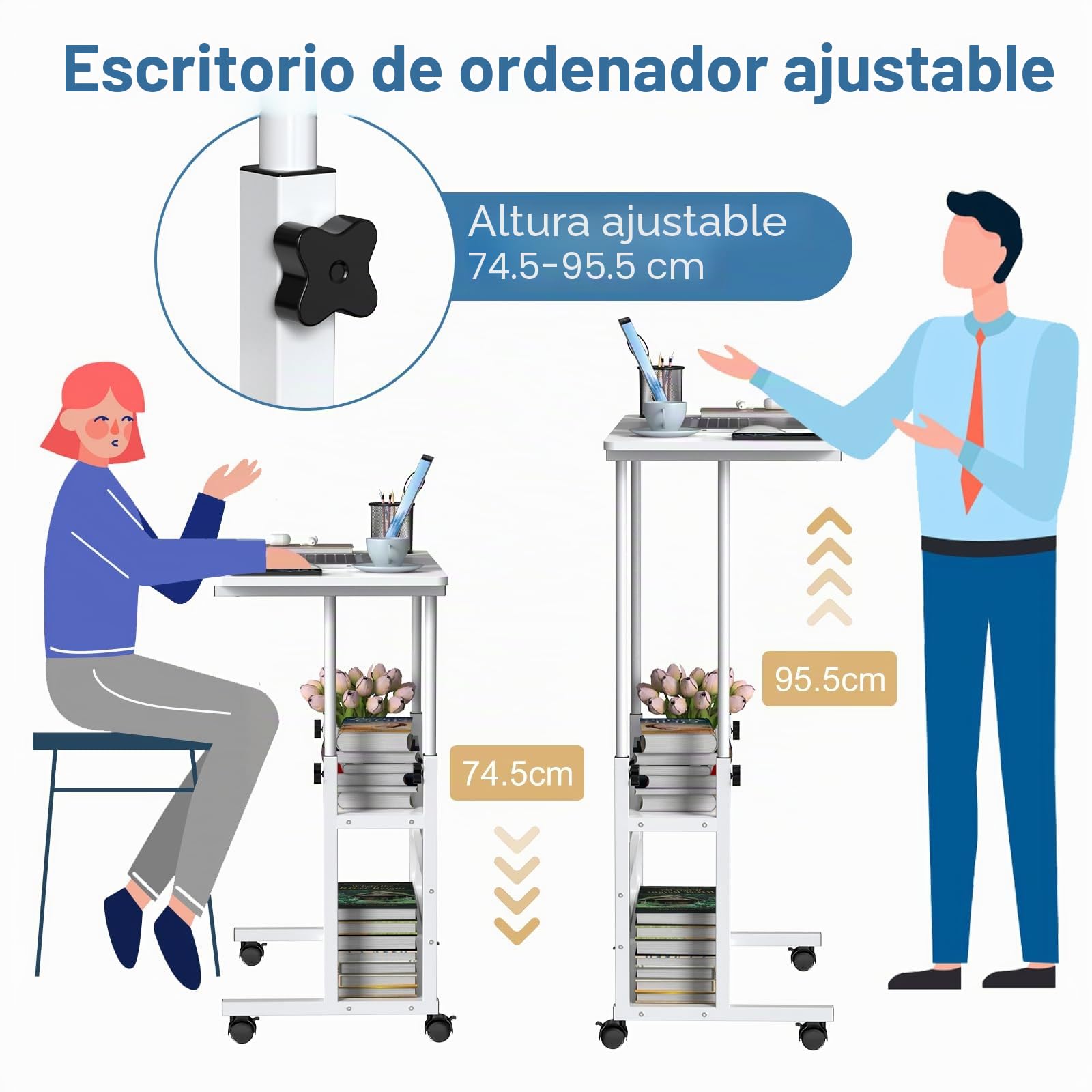 Escritorio de altura regulable 80 x 40 x 74,5 – 95,5 cm, mesa auxiliar móvil, mesa auxiliar móvil, mesa de escritorio con estantes para habitaciones, oficina en casa, mesa blanca