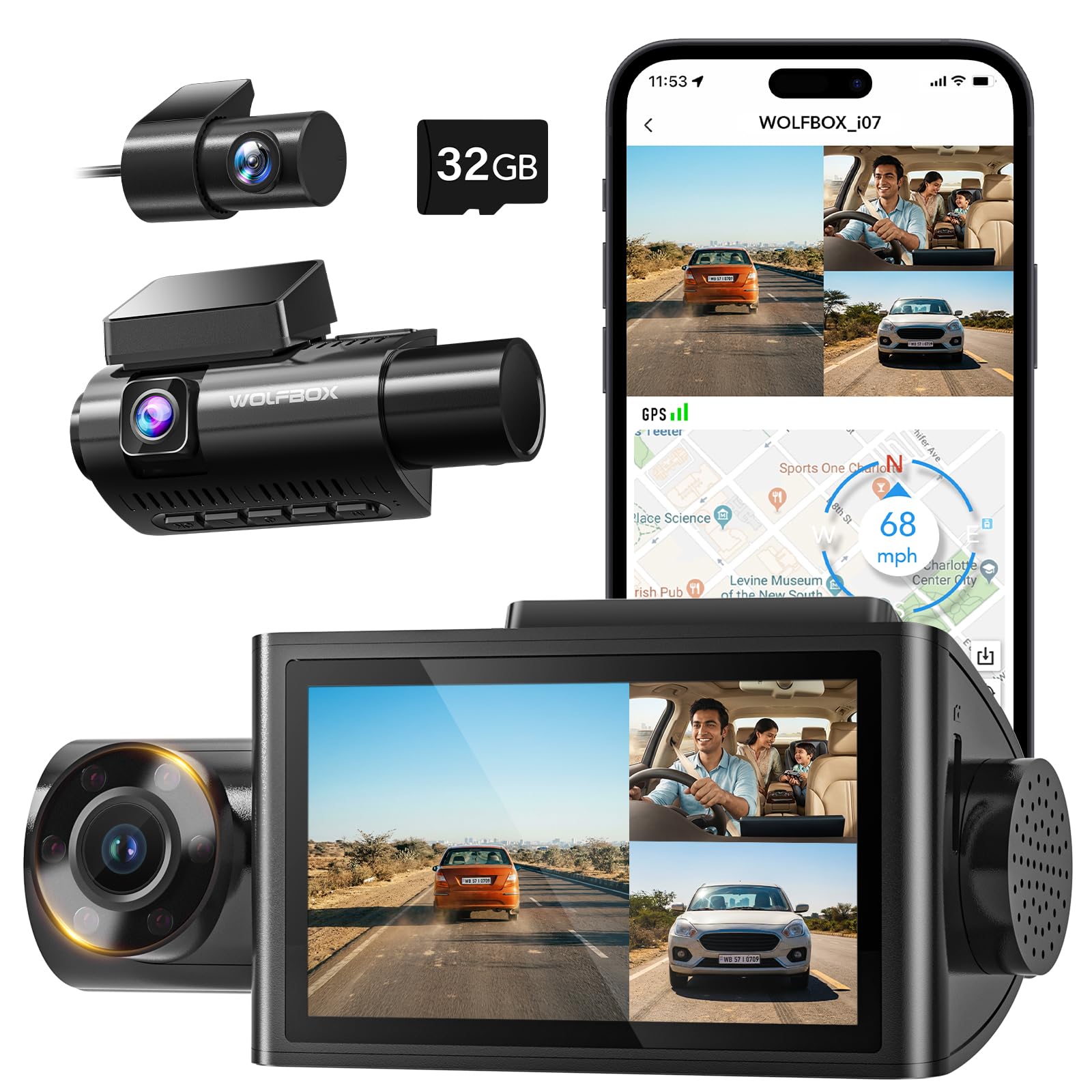 WOLFBOX i07 3-Channel Dash Cam with Built-in WiFi & GPS | 4K+1080P Dash Camera Front and Inside | 2K 1440P+1080P+1080P, 3" LCD Super IR Night Vision & 24 Hours Parking Monitor, Supports 512GB Max-image-18