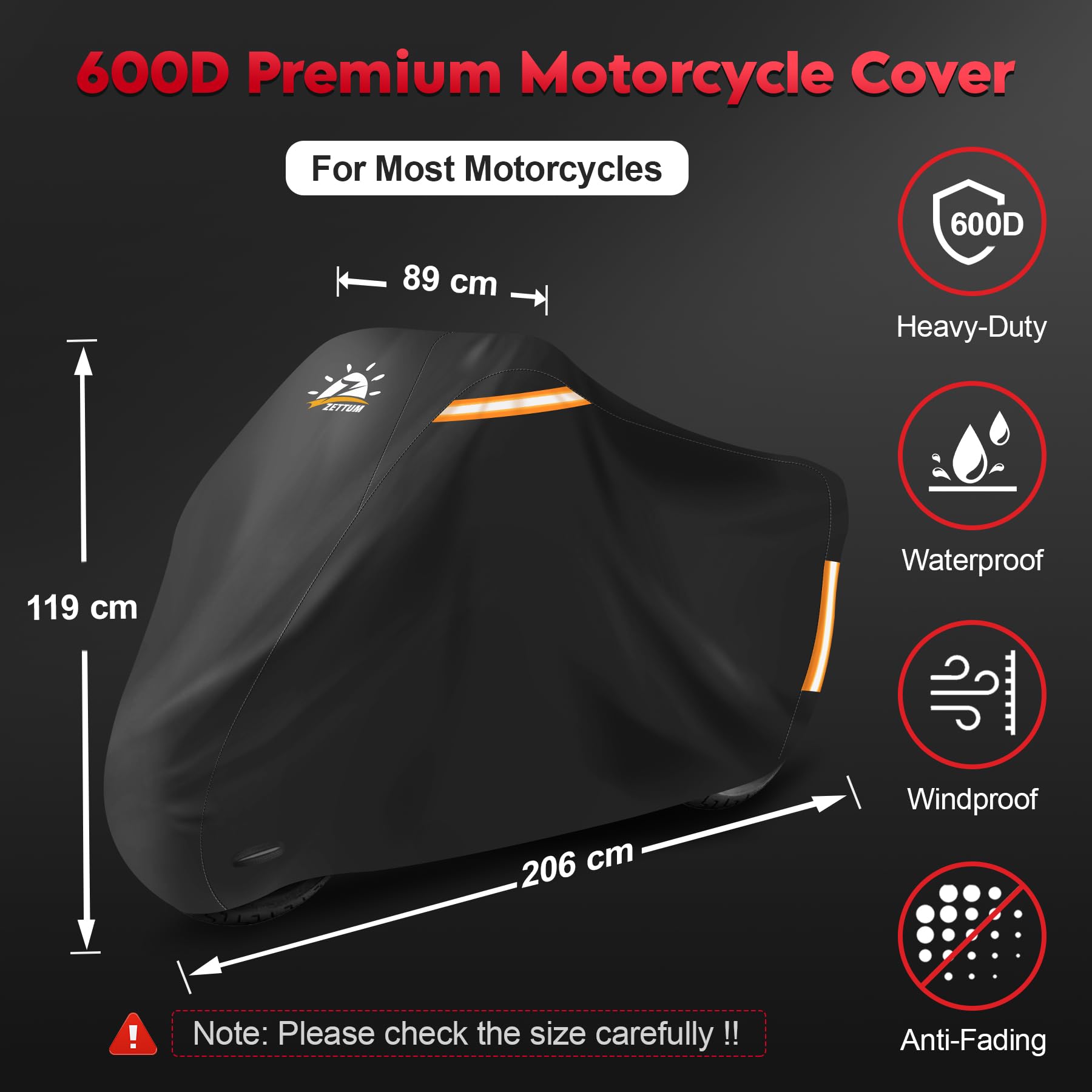 Zettum Motorrad Abdeckplane 206 cm – 600D PU wasserdichte Motorradabdeckung | Mit Reflektoren, Wasserdichte & Winterfeste Motorradeschutz mit Schlossöffnung, für Moped Roller Motor Enduro/Straßen