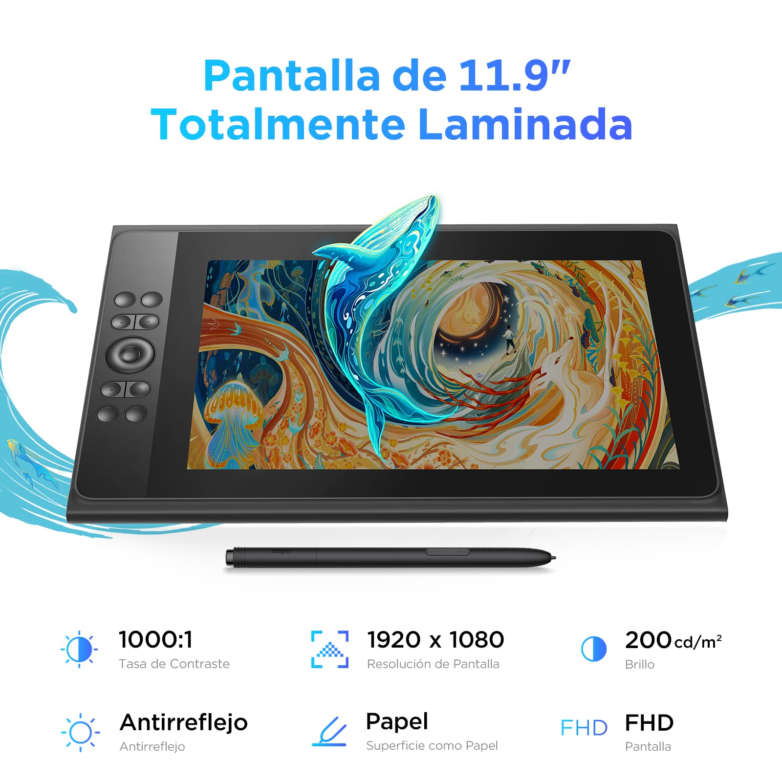 UGEE 147% sRGB Tableta Gráfica con Pantalla UE12P, 11,9 Pulgadas Antideslumbrante Monitor de Dibujo, Tableta Gráfica Lápiz sin Batería para Teléfono Android/Windows/Mac OS/Chrome OS