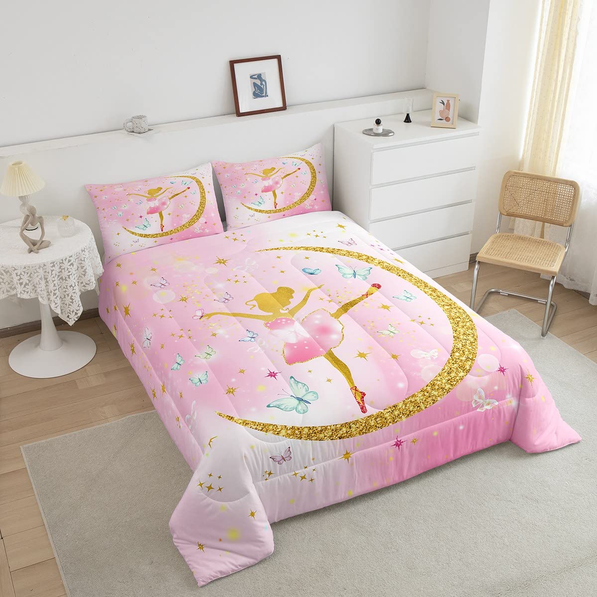 Set di biancheria dada balletto per e, ballerino, piumino, set da palestra, ginnastica, piumino, set Trapunta con brillantini, con farfalle, ultra morbido, colore: rosa, 3 pezzi