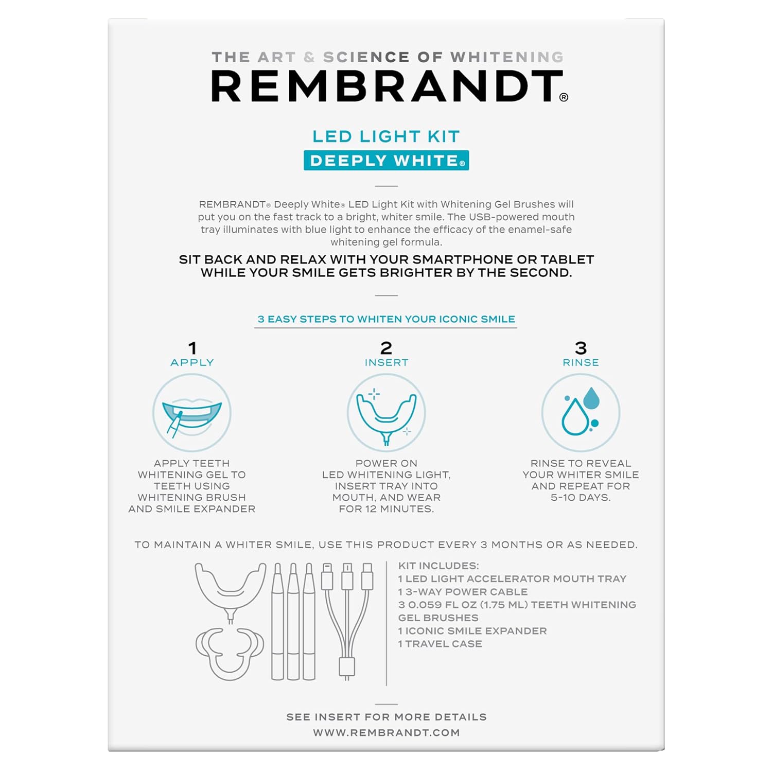 Rembrandt Teeth Whitening Kit, Deeply White, with LED Light Teeth Whitening Trays, 3-Way Power Cable, 3- Teeth Whitening Gel Brushes, 1 Iconic Smile Expander, 1 Travel Case - Image 3