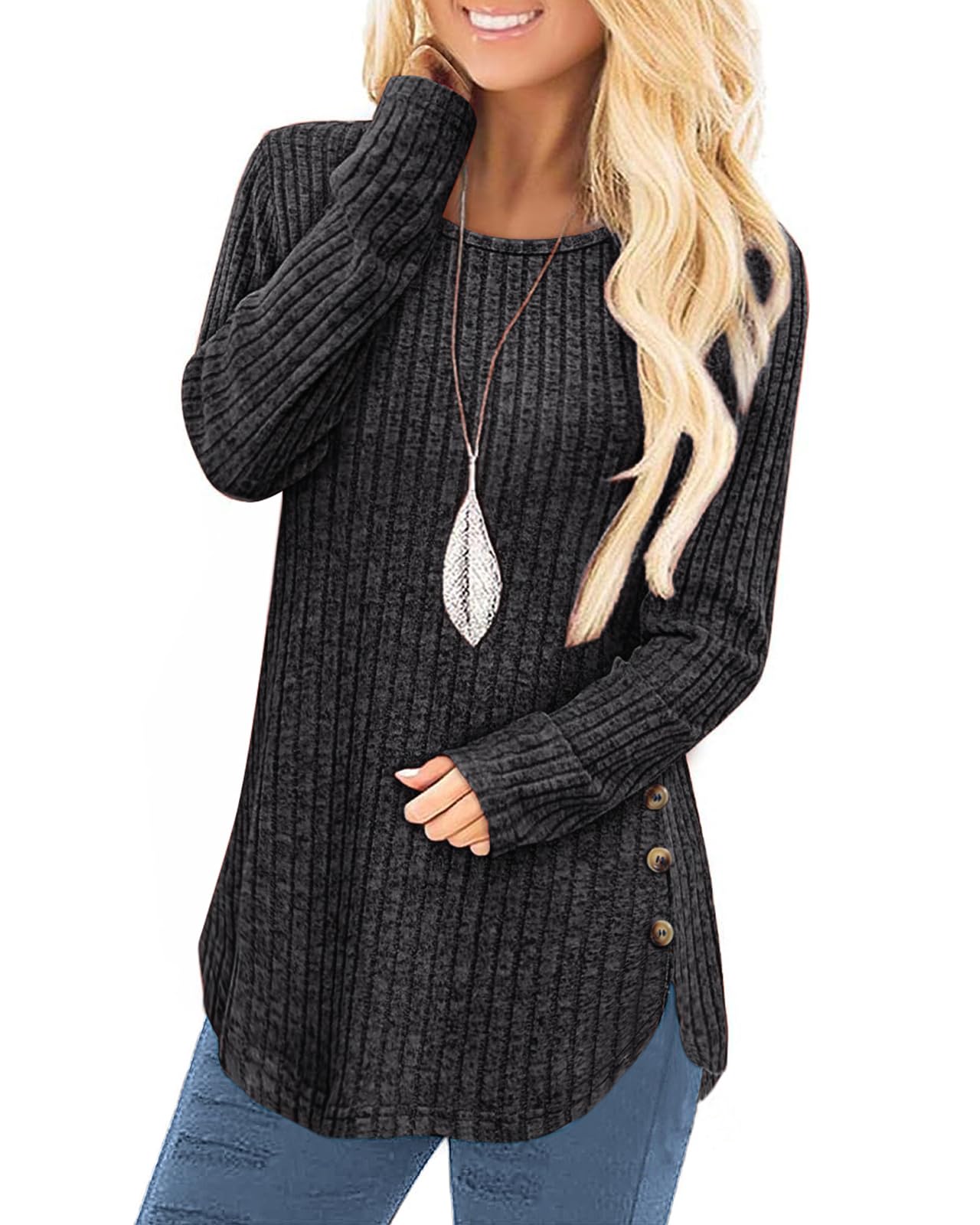 Tanmolo Damen Pullover Herbst elegant Oberteile Langarm Strickpullover mit Knopfdetail und Kabelstruktur Leichter Arc-Saum Rundhals Pulli