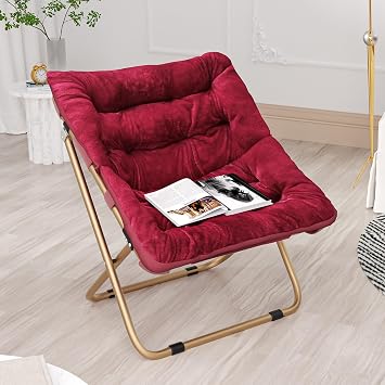 Foldable Oversized Moon Chair, Large Soft Lazy Cozy Comfortable Faux Fur Square Saucer Moon Chair for Teens and Adults, Burgundy