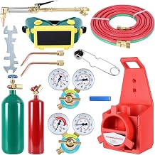 Oxygen Acetylene Torch Kit, Portable Welding & Cutting Torch Set with 4L Oxygen Tank & 2L Acetylene Tank Empty, Brass Tips, Dual Regulators, 12.6FT Hose, Goggles, Igniter, Cylinder Holder Red