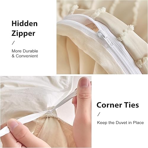 Miniatura 5 de WARMDERN Juego de funda de edredón bohemio de color caqui, tamaño Queen, juego de ropa de cama con mechones con textura a rayas, 3 piezas, funda de