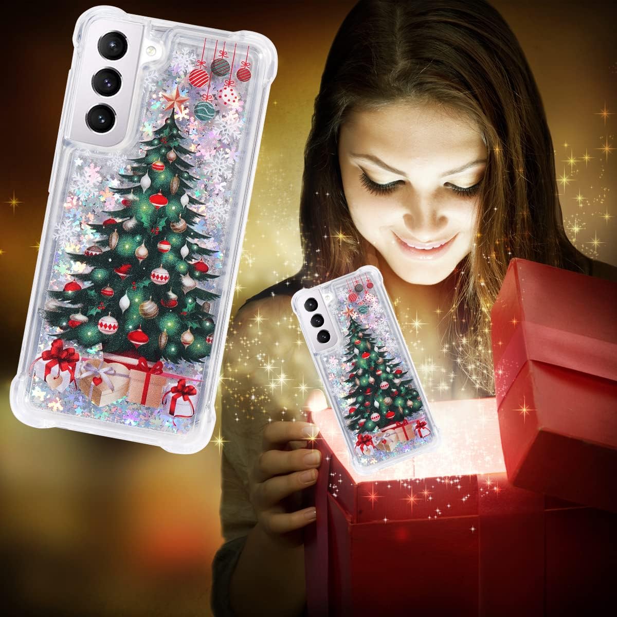 Flocute Galaxy S21 Case, Galaxy S21 Glitter Case Christmas Tree Clear Soft TPU Rubber Bumper Girly Women Cute Liquid Holiday Case for Samsung Galaxy S21 (Christmas Tree)