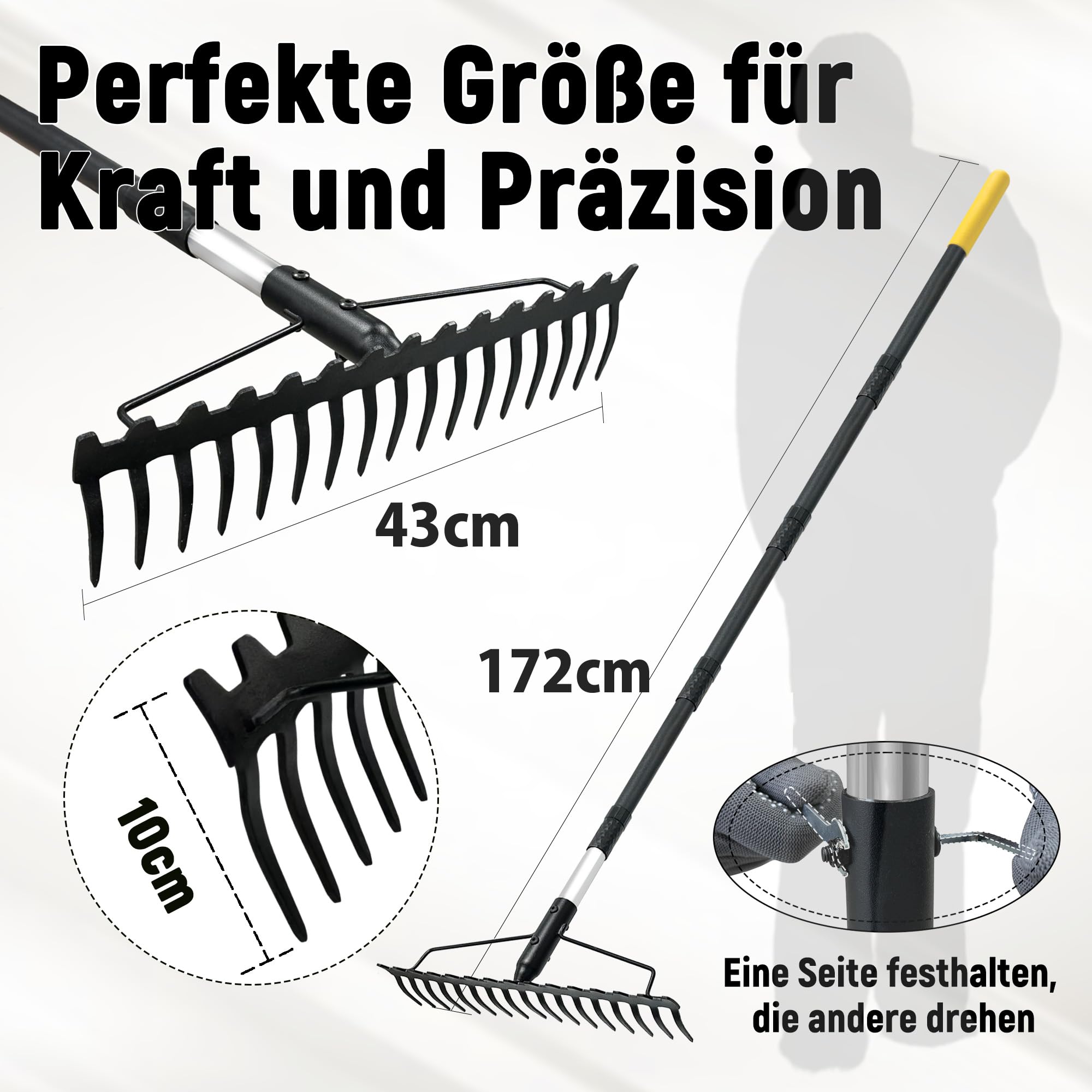 Gartenrechen, 1,7m Metallrechen mit 17 Stahlzinken, Harke mit Edelstahlgriff zum Lockern von Boden und Nivellieren von Rasen, Laubbesen, Rasenrechen, Heurechen für Rasen und Blätter