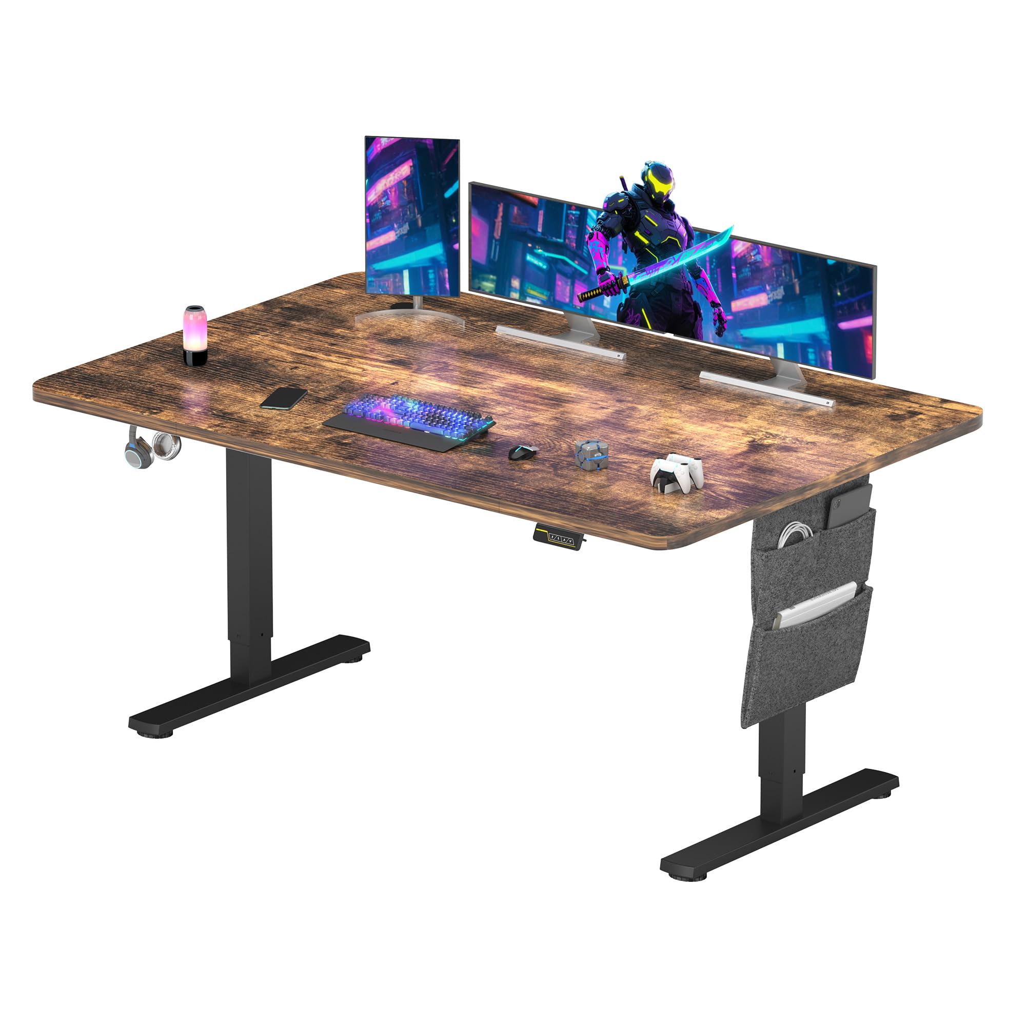 SANODESK 140x60cm Electric Standing Desk Height Adjustable Gaming Standing Desk with Hooks & Cupholder Sit Stand Desk with Organizer Home Office Desk with Memory Smart Pannel Splice Board