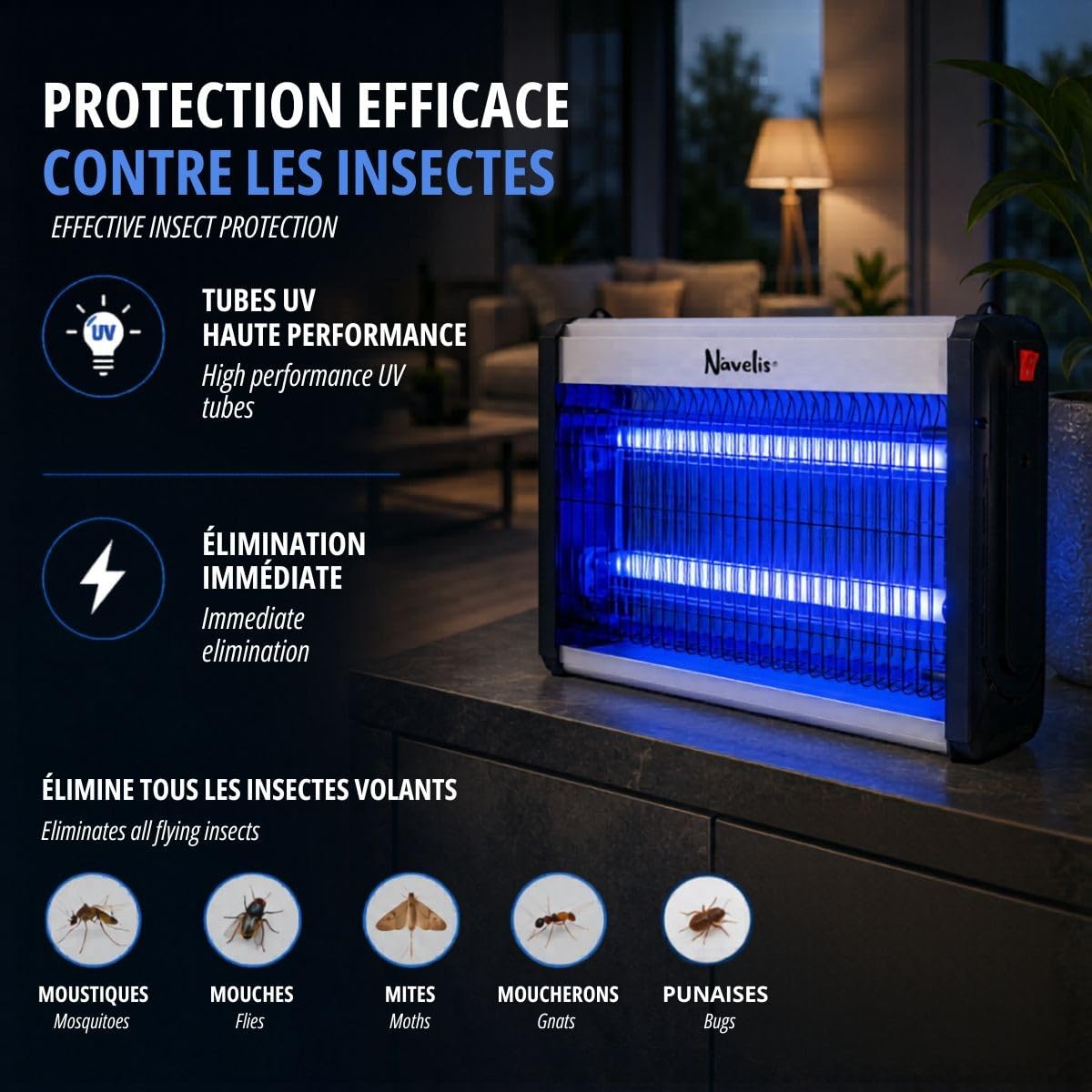 INTEC - Lampada anti-zanzara per interni esterni, 2500 V, tecnologia LED 14 W, superficie 120 m², elimina moscerini e insetti volanti