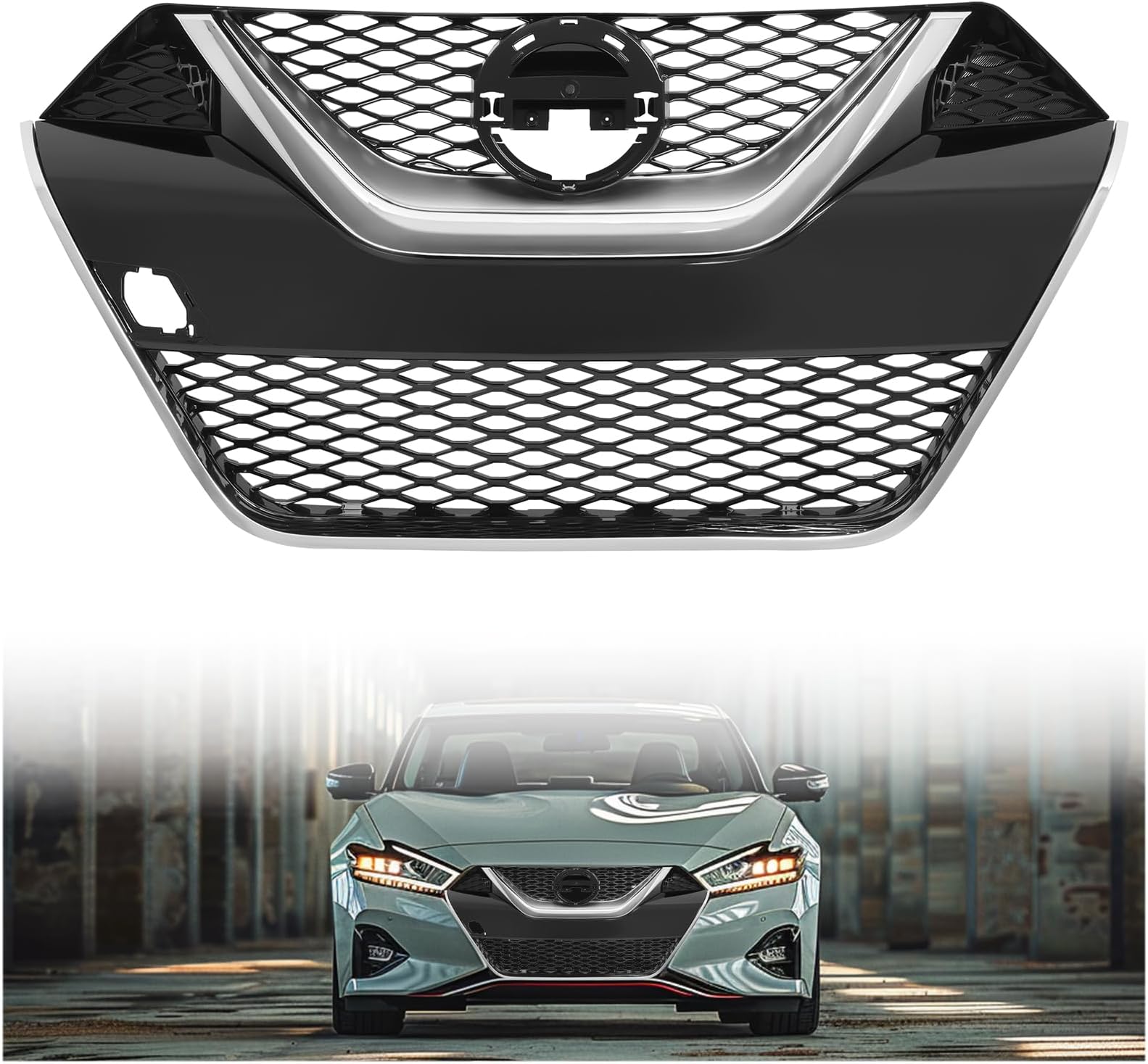 KUAFU Front Grill Compatible with 2016-2018 Nissan Maxima 623104RA0A NI1200284 Upper Bumper Grille Painted+Chrome Black&Silvery