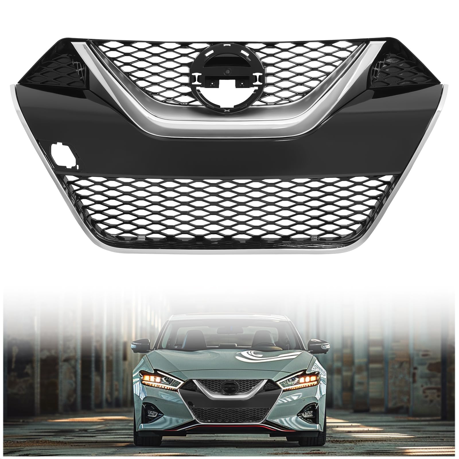 KUAFU Front Grill Compatible with 2016-2018 Nissan Maxima 623104RA0A NI1200284 Upper Bumper Grille Painted+Chrome Black&Silvery