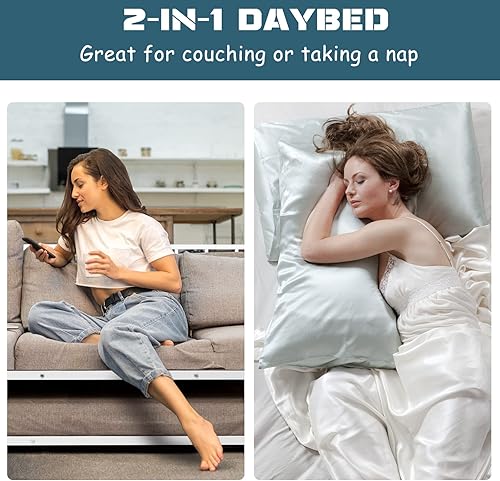 Miniatura 7 de Giantex Sofá cama individual con nido, sofá cama de metal tamaño individual con nido extraíble con 4 ruedas, sofá cama con soporte de listones de