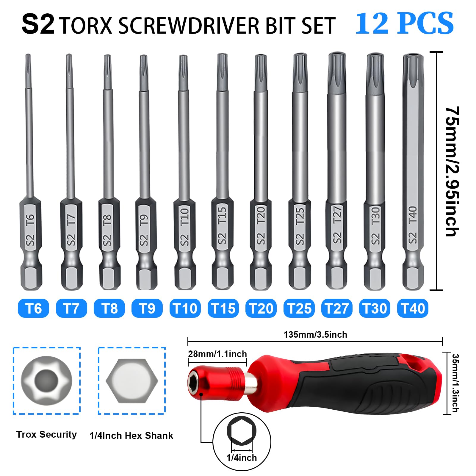 12 Pcs Torx Head Screwdriver Bit set Tamper-Proof Torx Bit Star Screwdriver Set for Car Fixings Impact Drill T6-T40 - Image 2