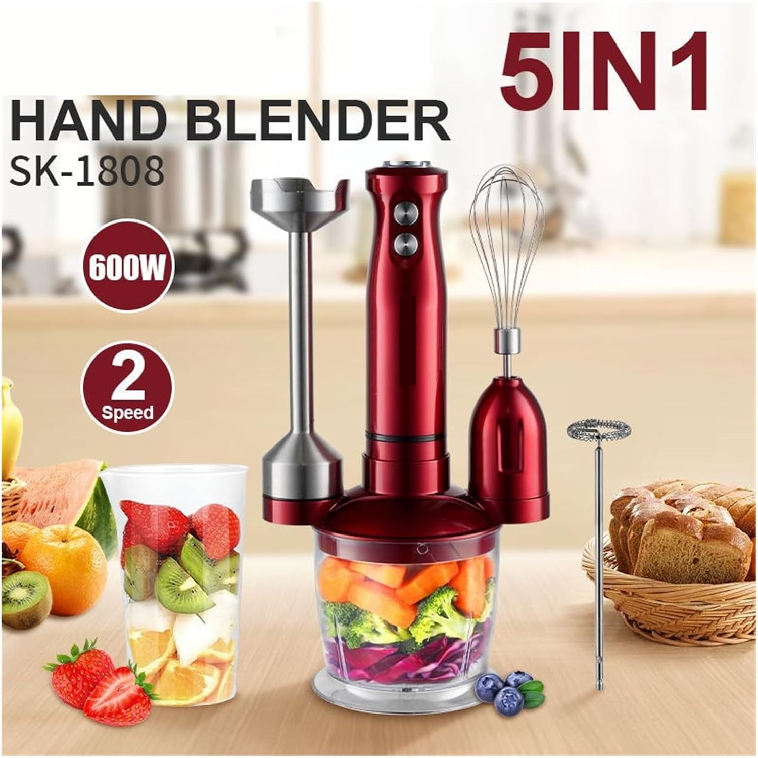 Compatible For Electric Immersion Blender Hand with Whisk 5 in 1 600W,304 Stainless Steel Ice Crush Blade with, Milk Frother(EU Plug)