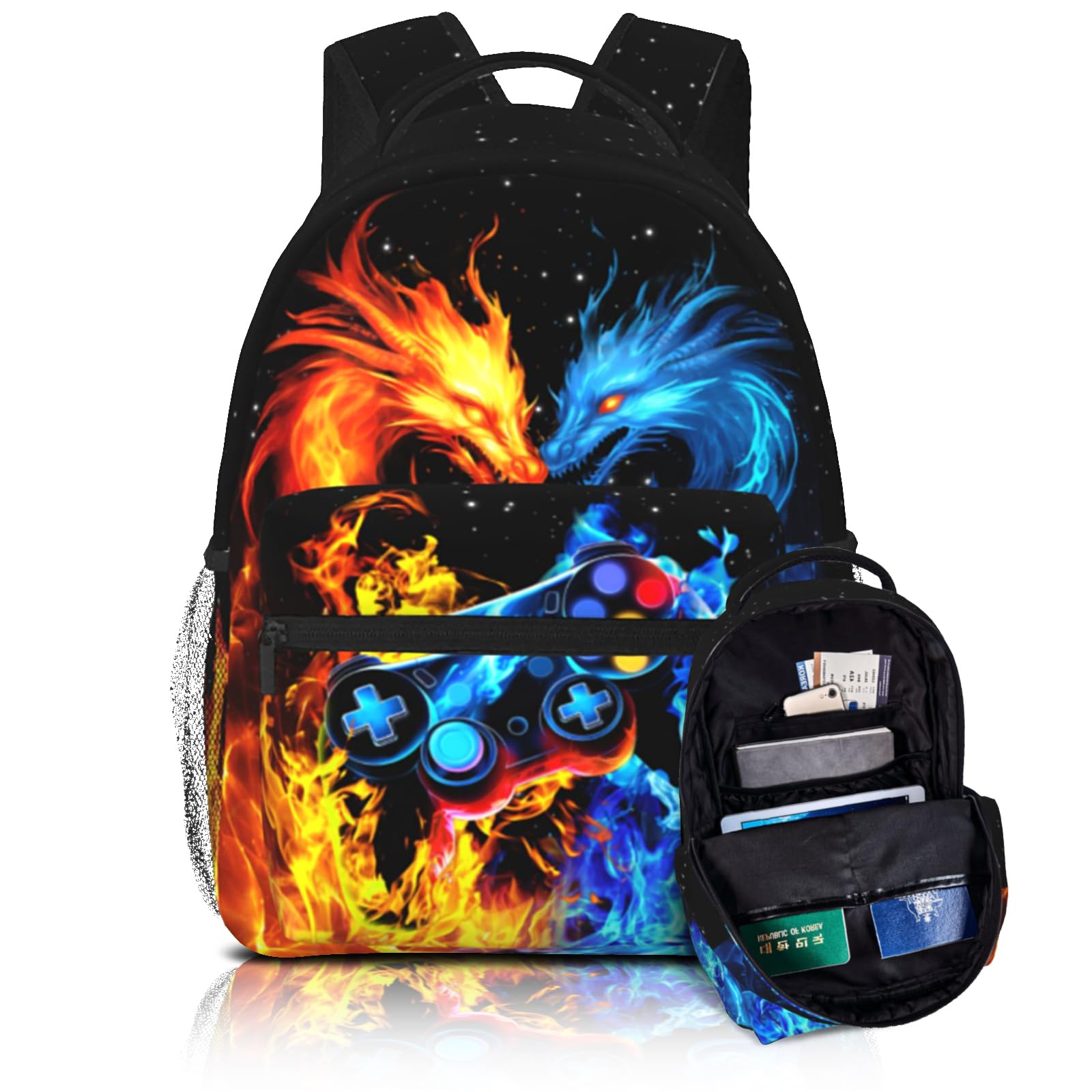 QuillGlyph School Boys Backpack Ages 8-10 Abstract Gamepad Backpack Fire Dragon Bookbag Water