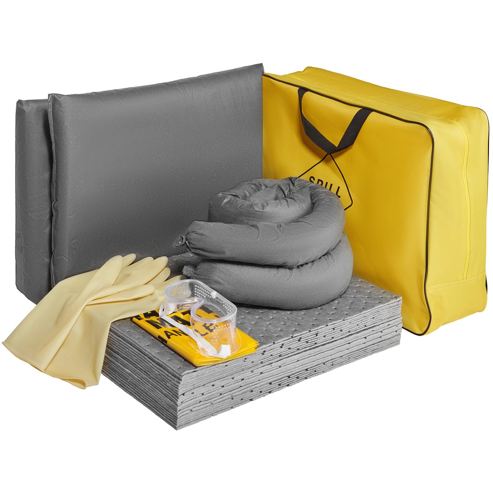 VEVOR Universal Spill Kit, Spill Control Supplies, Includes (2) Disposal Pillows, (30) Oil Absorbent Pads, (2) Universal Sorbent Socks 3"x4", Rubber Gloves and Goggles for Oil/Water Absorbent