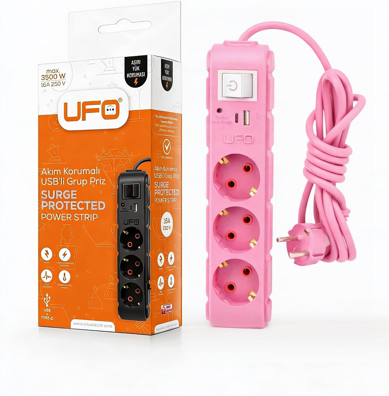 UFO Yeni 3lü Akım Korumalı Grup Priz 0,5 Metre Bakır Kablolu, 5V 2,4A USB ve Type-C ile Şarj, Anahtarlı Topraklı Priz, Sürekli Koruma, 16A 250V, Max 3500W Aşırı Yük Koruması, 0,5m. Pembe renk