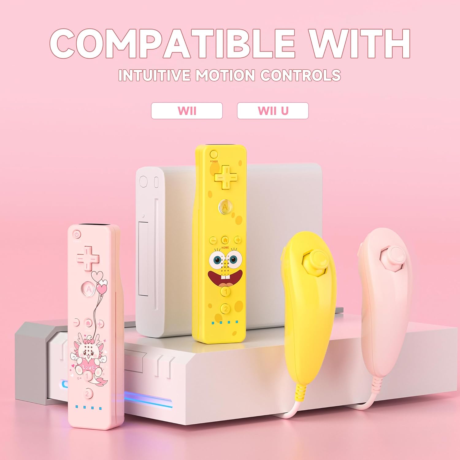 YKASEK Wii Remote with Nunchuck, Wii Controller 2 Pack with 2 Nunchuck Compatible for Wii/Wii U, Yellow and Pink.