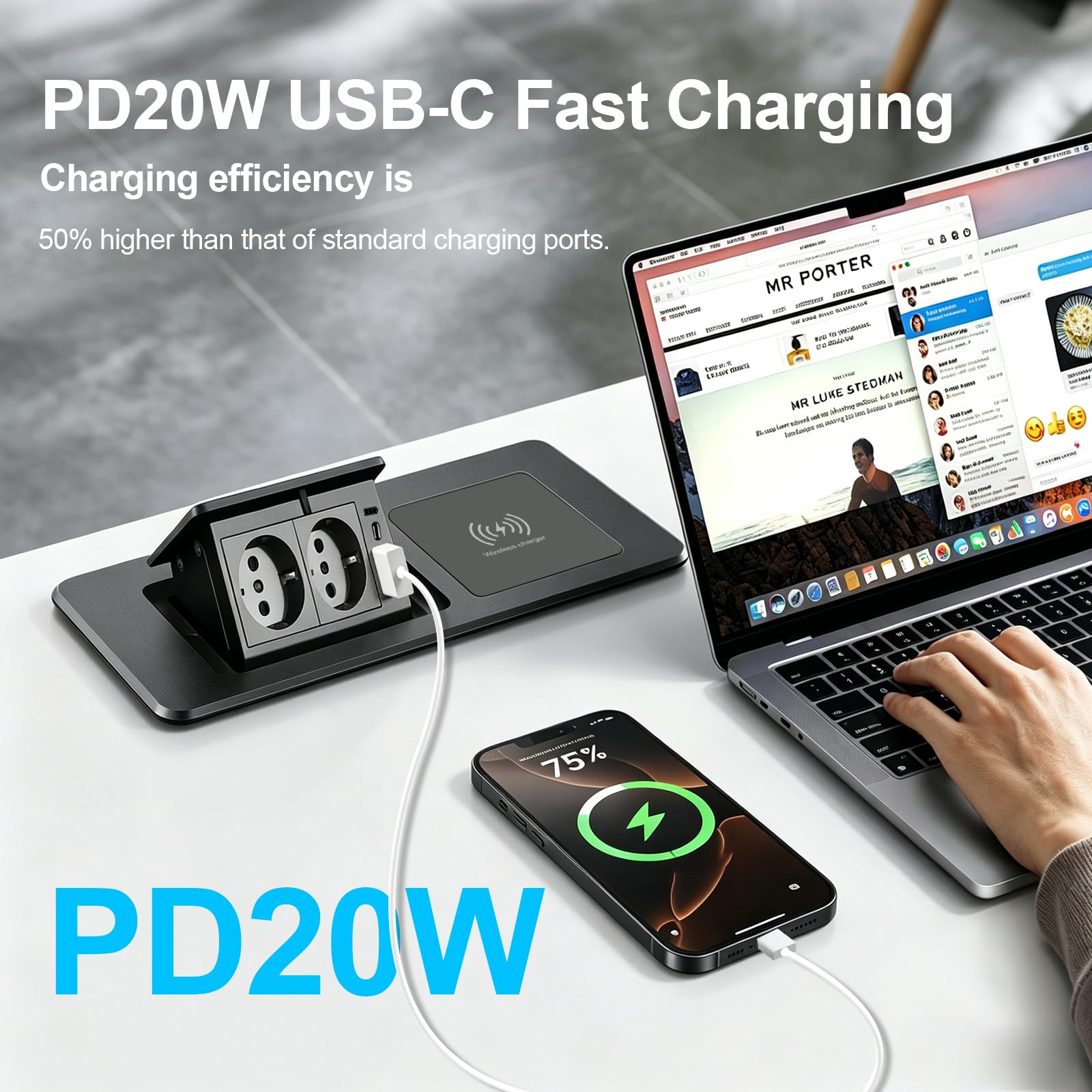 Enchufe retráctil de 2 vías con USB-C PD 20 W función de carga rápida y cargador inalámbrico de 15 W, enchufe de mesa emergente para encimera, escritorio y cocina, regleta que ahorra espacio