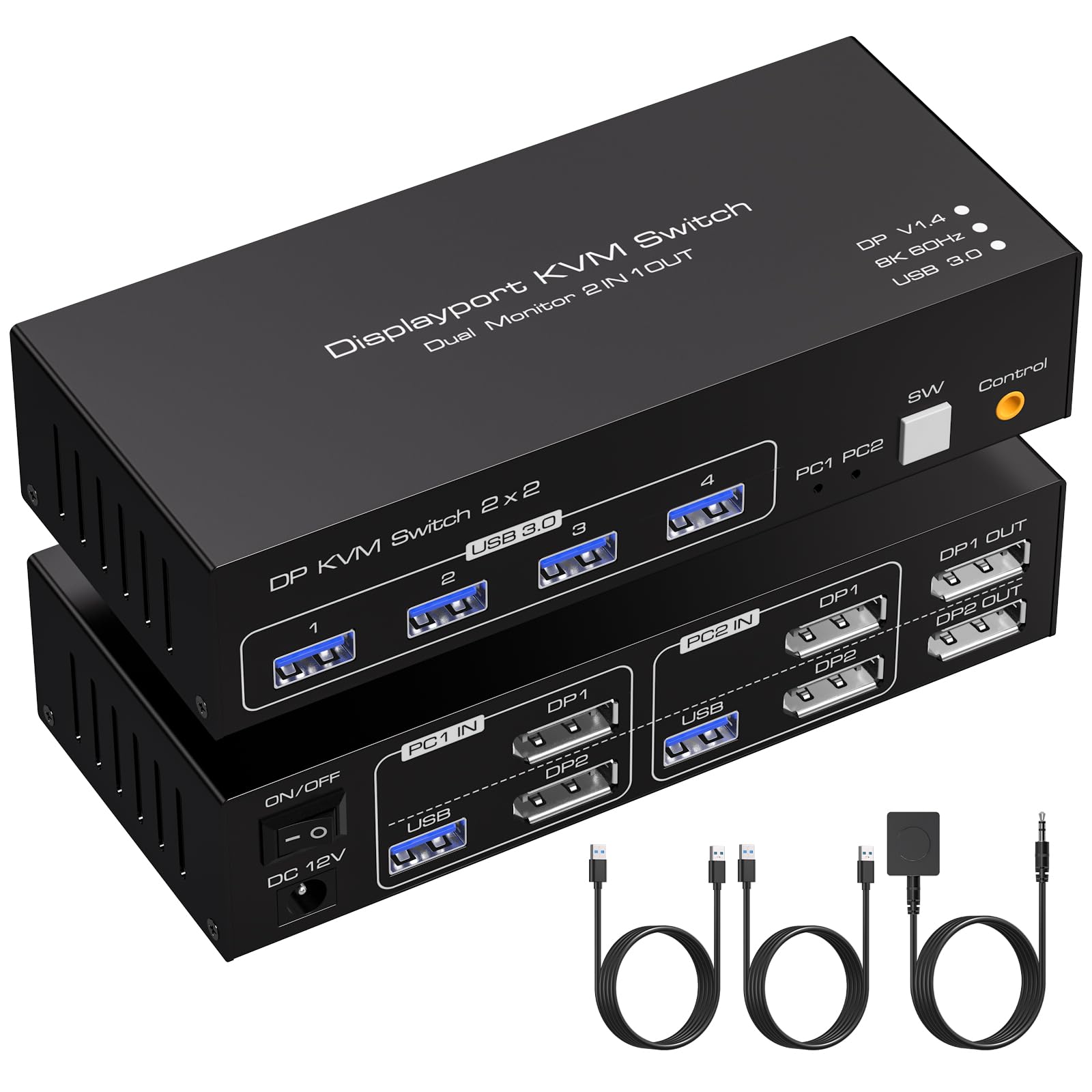 VPFET Switch KVM Displayport 8K@60Hz 2 monitor 2 computer USB 3.0 KVM Switch per 2 computer Condividi monitor doppi e 4 dispositivi USB Supporto 4K @120Hz DP 1.4 con kit esterno e adattatore 12V DC