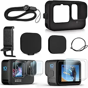 FitStill Silicone Sleeve Case for Go Pro Hero 11 /Hero 10 /Hero 9 Black, Battery Side Cover & Screen Protectors & Lens Caps & Lanyard for Go Pro Hero 11 /10 / 9 Accessories Kit
