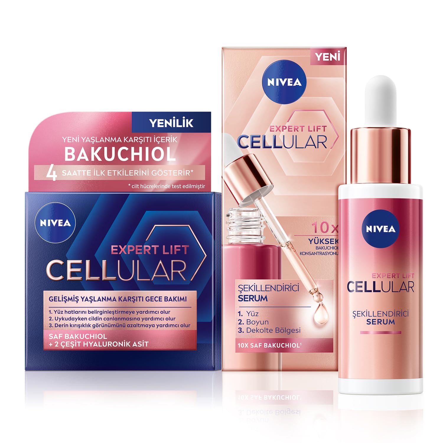 NIVEA Cellular Expert Lift Doğal Retinol Alternatifi Saf Bakuchiol İçeren, Kolajen Tetikleyici Kırışıklık Karşıtı Cilt Serumu 30 ml + Kırışıklık Karşıtı ve Nemlendirici Gece Kremi 50 ml