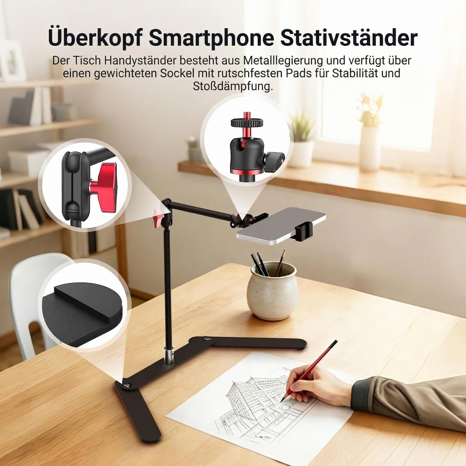 NEEWER Overhead Handystativ mit Doppelkugelkopf und schwenkbarem Boom Arm, stoßdämpfende Tischklemmen Handyhalterung Ständer mit klappbarem Sockel für Klavier Kochen Zeichnen Live Streaming, DS026
