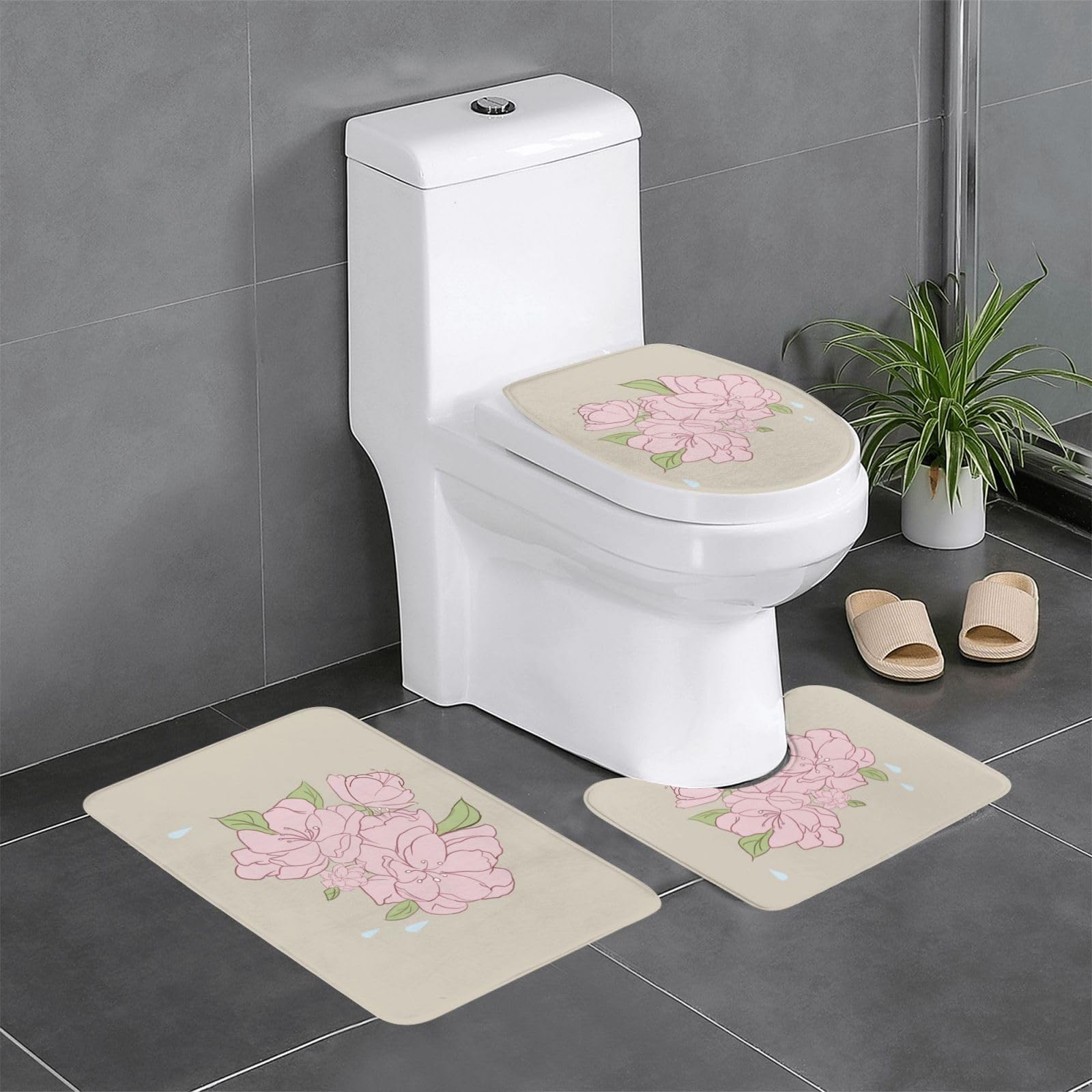 Tapis de salle de bain antidérapants lot de 3 motif fleurs de pêcher pour toilette et coiffeuse