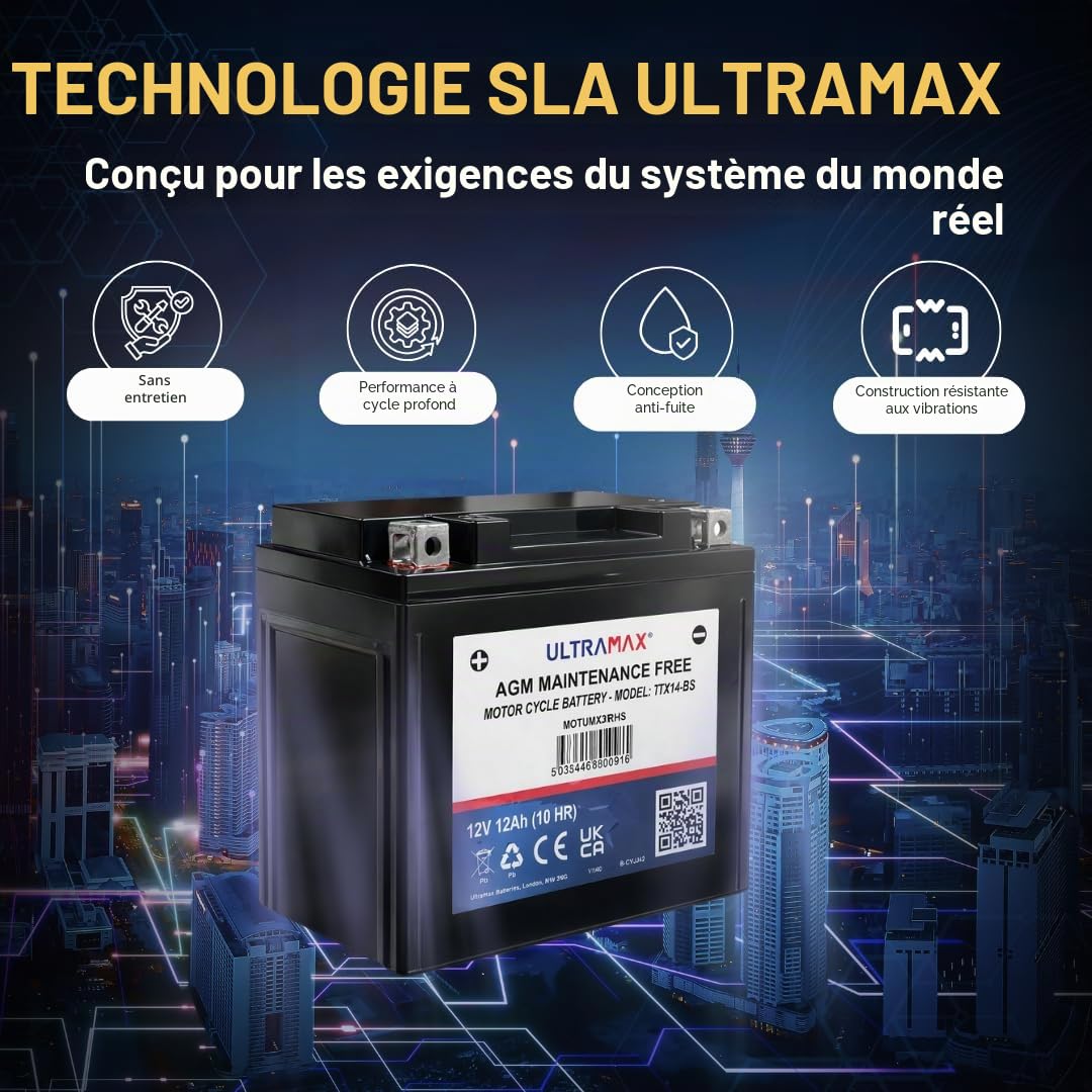 Ultramax Motorcycle Battery YTX14-BS 12V 12Ah (TTX14-BS) AGM