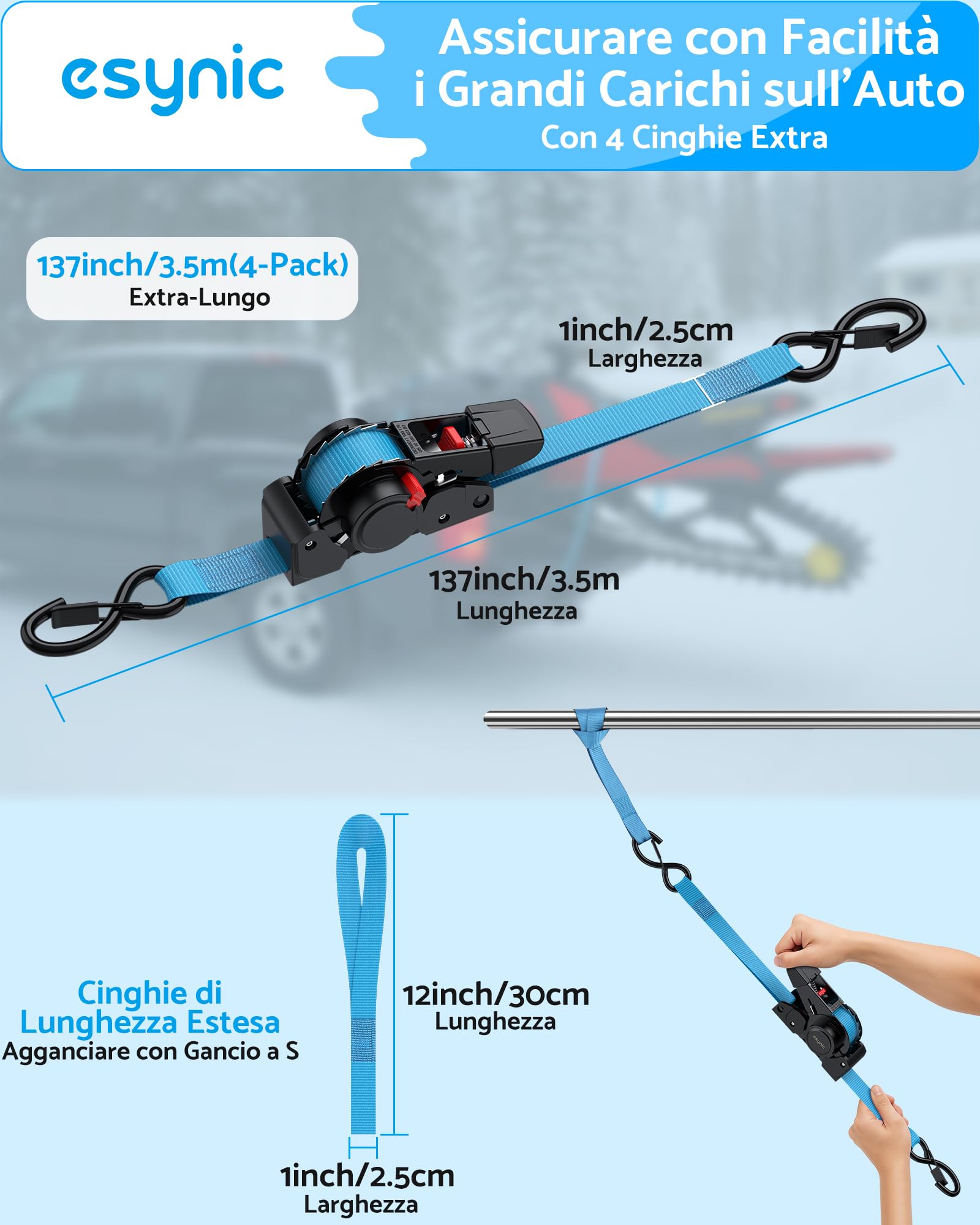 eSynic 4 Pezzi di Cinghia a Crichetto Avvolgitore Automatico Retrattile 3.5m Carico 320KG, Cinghie di Ancoraggio per Trasporto con Gancio di Sicurezza a Molla, Inclusi Anelli di Fissaggio e Custodia