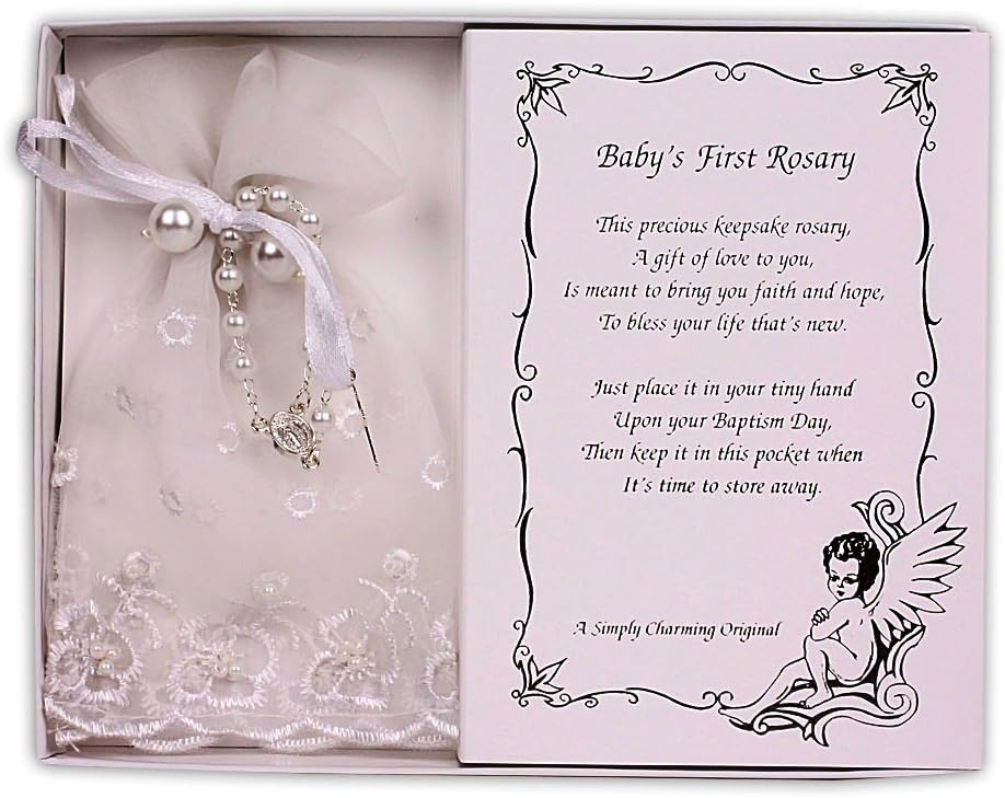 Pearl Baby Baptism Rosary with Lace Bag (White)