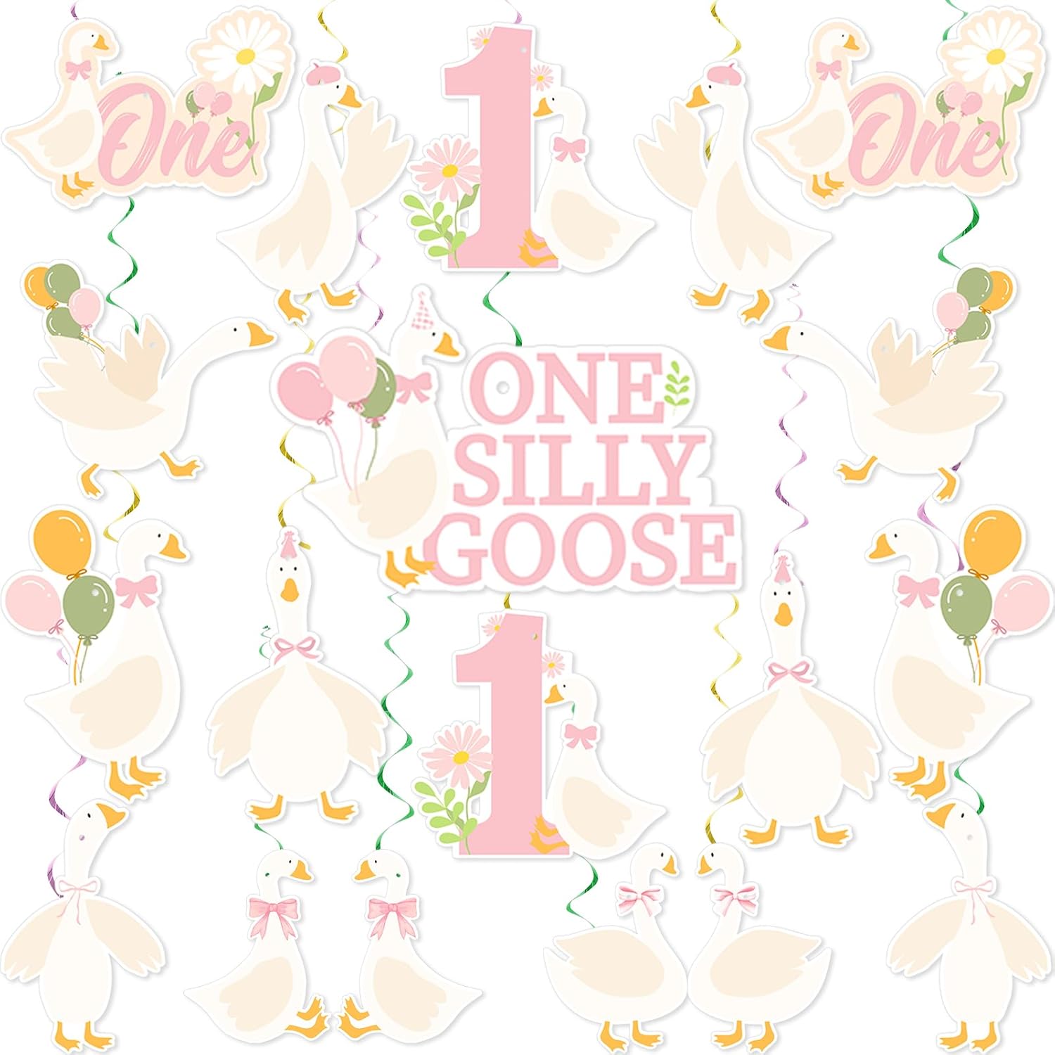 One Silly Goose 1st Birthday Party Decoration Silly Goose Hanging Birthday Swirl for Girls Pink Bow Silly Goose First Birthday Decorations Duck Birthday Funny Goose Party Supplies