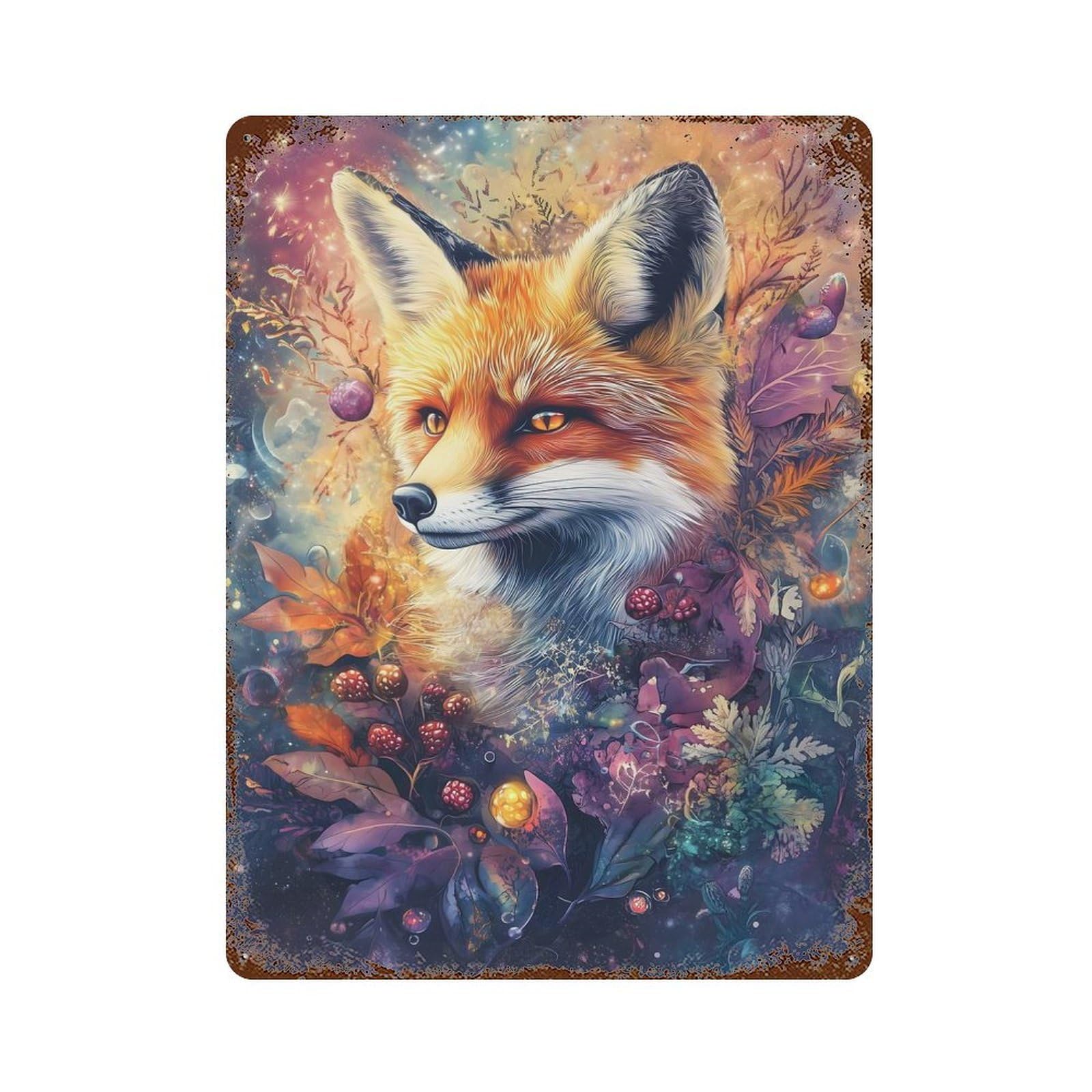 Whimsical Fox with Flowers And Berries – Vibrant Digital Airbrush Art Rusty Metal Tin Sign 15.7"x11.8", for Basement, Hobby Room And Garage Decor, Retro Wall Decor