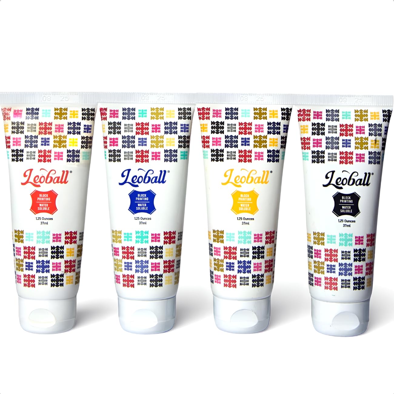 Leoball® Water-Soluble Block Printing Ink Starter Set: 4-Color Included (Black, Red, Blue, Yellow) - 1.25 Ounce Tube Each