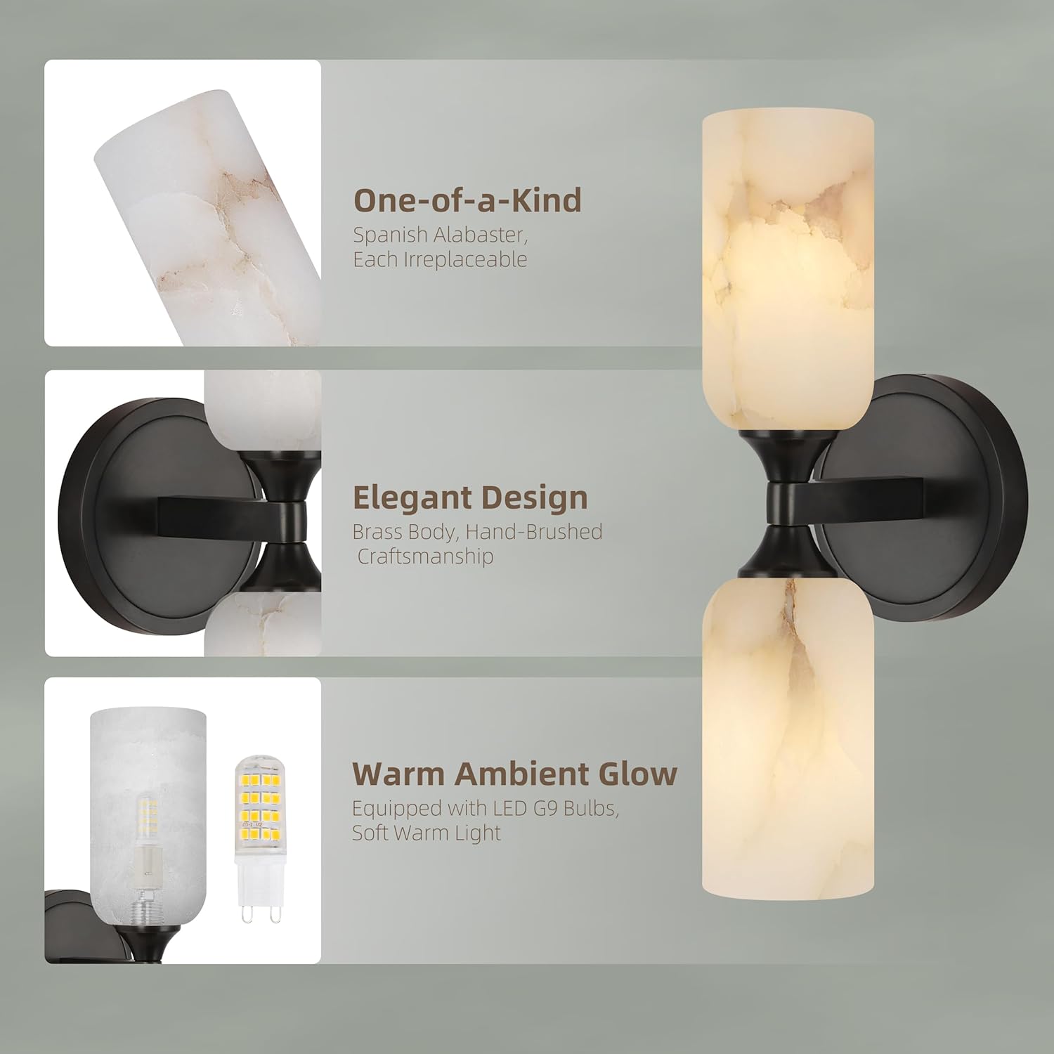 14.4in Alabaster Wall Sconce, Black Sconces with Spanish Marble, Modern Brass Wall Mounted Lamp, Hardwired LED Wall Lighting for Bathroom Bedroom Living Room Staircase Hallway Dining Room