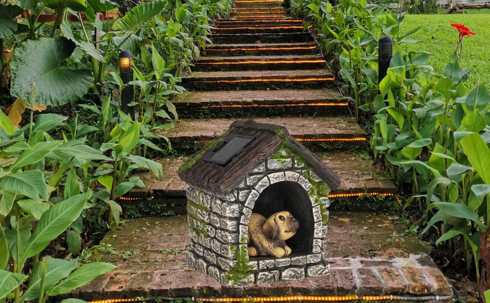 Divas World Cement Garden Ornament with Solar Light Dog In Kennel- LED-Creative Garden Decoration-Perfect For Gift- Garden-Lawn-Patio-Balcony - Image 2