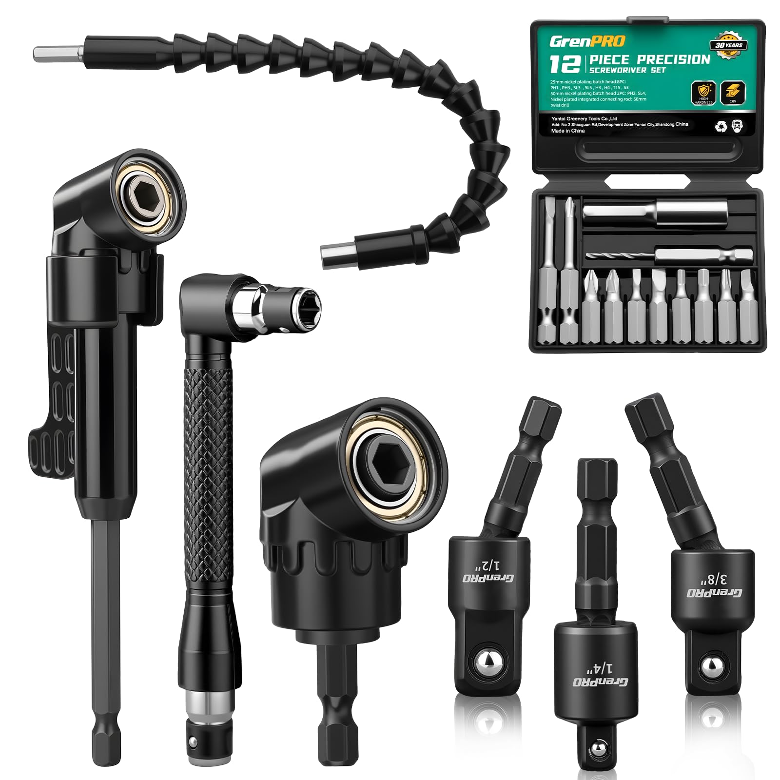 GRENPRO 19 Pcs Flexible Drill Bit Extension Kit Includes 2 Pcs 105 Right Angle Drill Attachment 3 Pcs