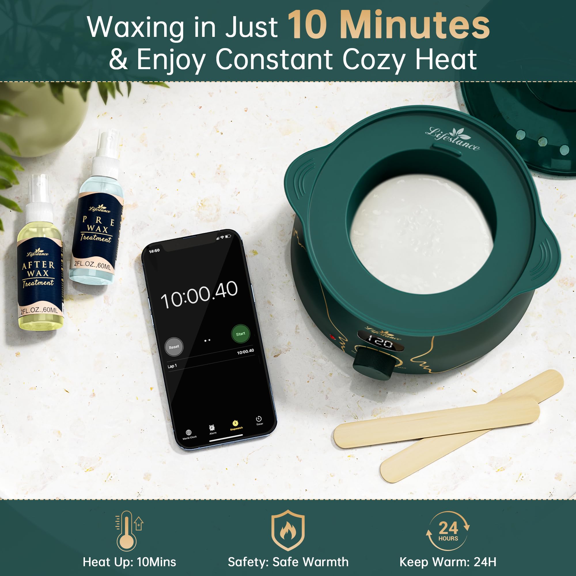 Lifestance L3 Chauffe Cire Epilation, Kit de cire d'épilation Emerald Alloy numérique Inclure 400g Perles et un bol en silicone, pour Corps de bikini brésilien visage