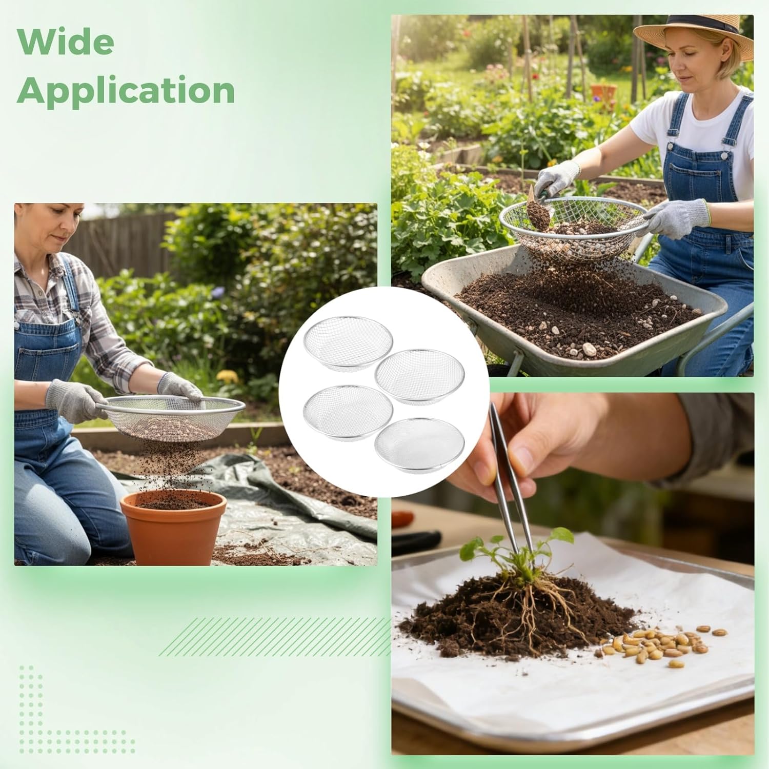 4 PCS Soil Sifter for Gardening, Metal Fine Dirt Sieve Sifter with 3 6 8 10mm Mesh Screens, 11.8 in Round Rock Sifter for 5 Gallon Bucket, Planting Garden Filtering Tool for Rocks Clumps Debris Ro