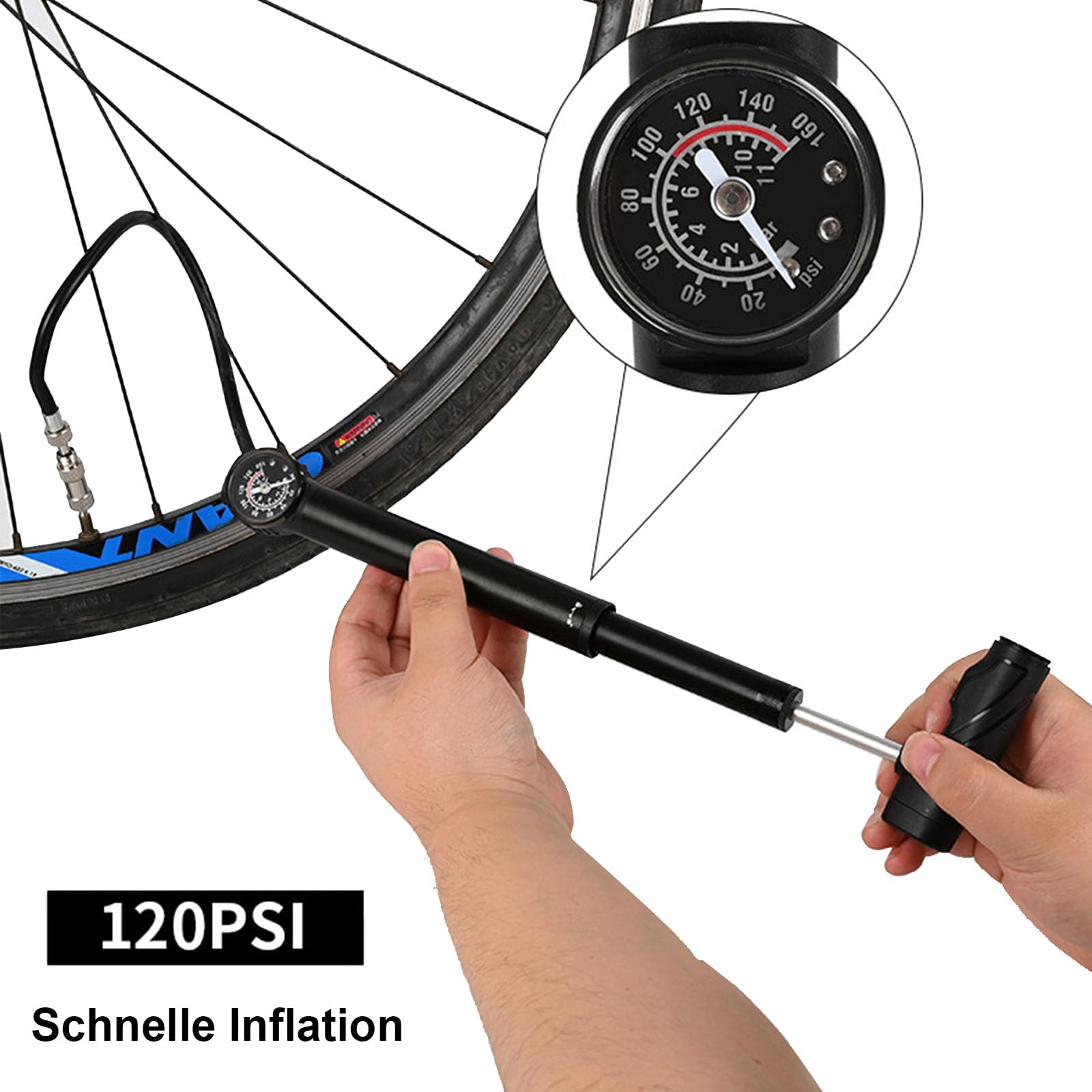 Pompa rowerowa z manometrem i przedłużonym wężem – wysokociśnieniowa mini pompka powietrza do wentyli Schrader/Presta – z igłą, adapterami i torbą do przenoszenia – kompatybilna z rowerami
